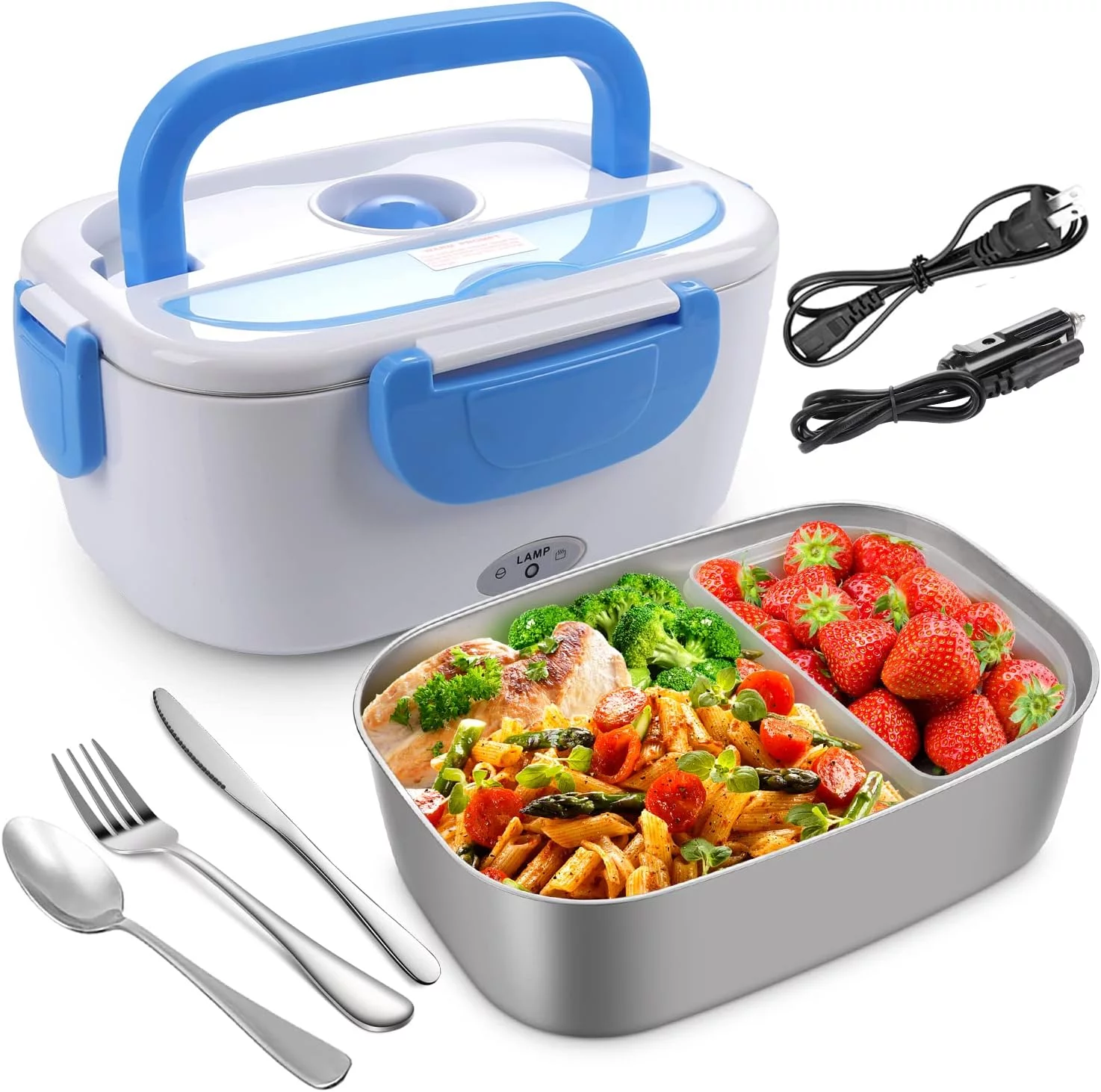 Electric Lunch Box Food Heater, LeakProof 12V 24V 110V Portable Food Warmer Heated Lunch Box for Adults Car Truck Work Home, 0.45L Compartments, 1.5L Removable 304 Stainless Steel Container