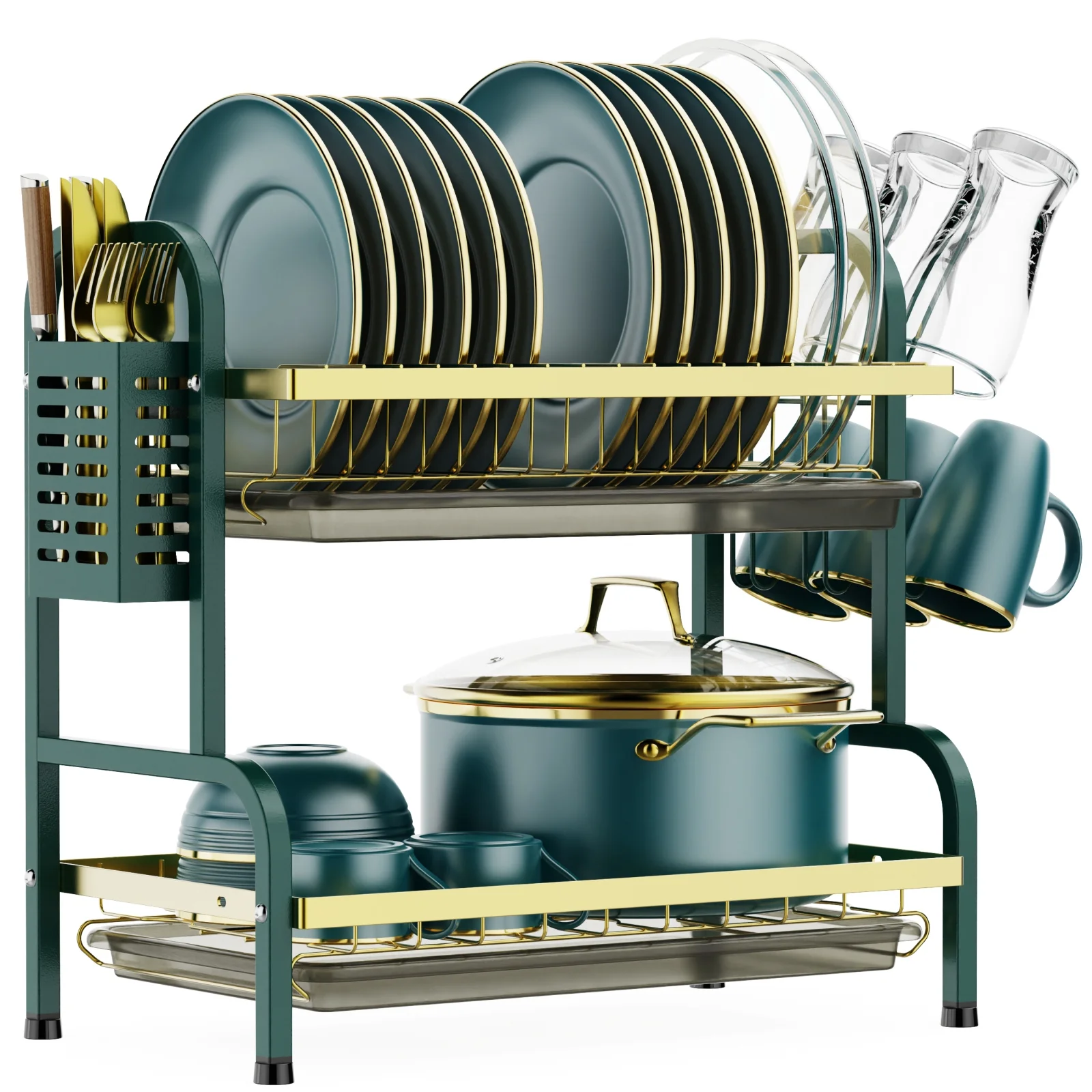 Dish Drying Rack, iSPECLE 2 Tier Dish Racks with Water Tray, Cup Utensil Holder for Kitchen Home, Dark Green