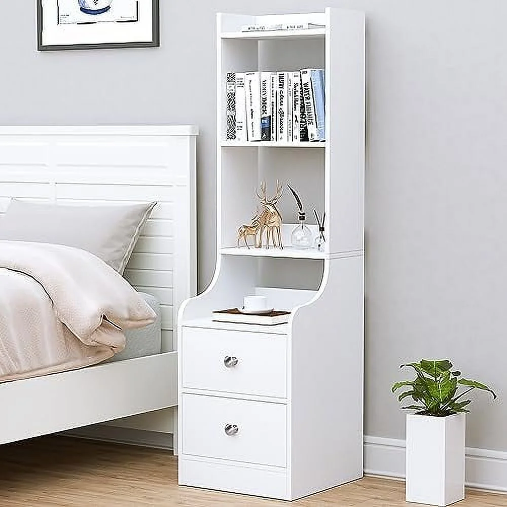 White Night Stand  55\u201C  Nightstand Bedside Table with 4-Tier Open Shelves & 2 Drawers  Wood Night Stand for Bedroom Nightstands  Office
