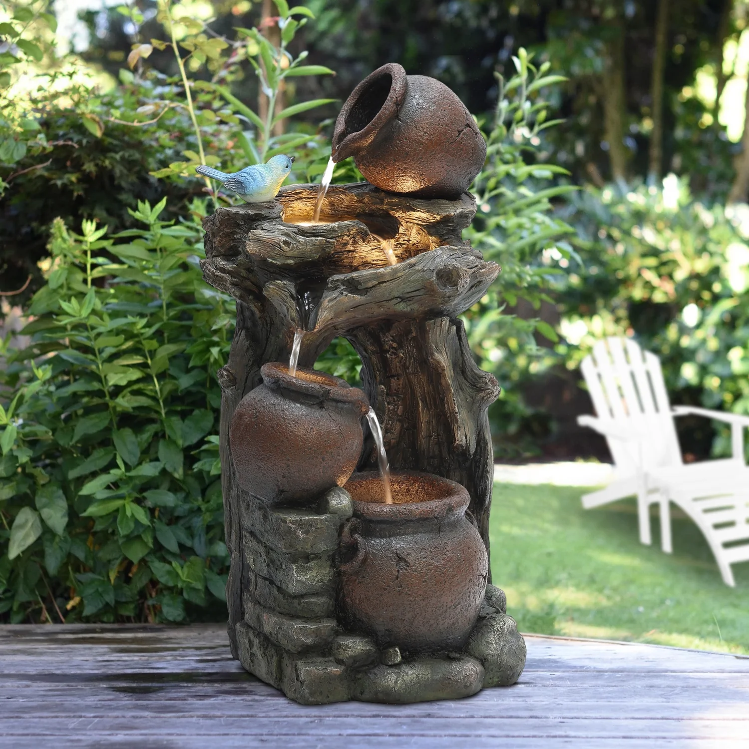 HomeStock Rustic Retreat Rustic Pots And Pitchers On Tree Resin Outdoor Fountain With Led Lights