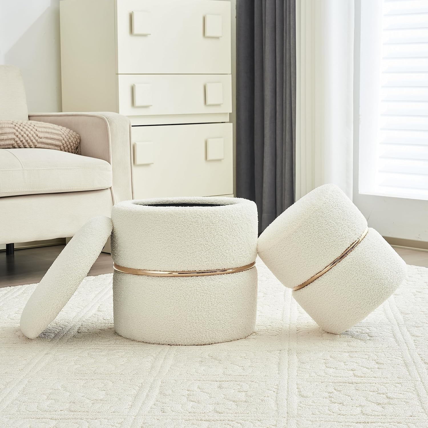 CHNBVC Upholstered Round  Footstool Ottoman   Boucle Foot  Ottoman  Room  Sherpa Footrest Stool with Gloden Metal Band  Ottoman Seat for Bedroom  Vanity Chair for