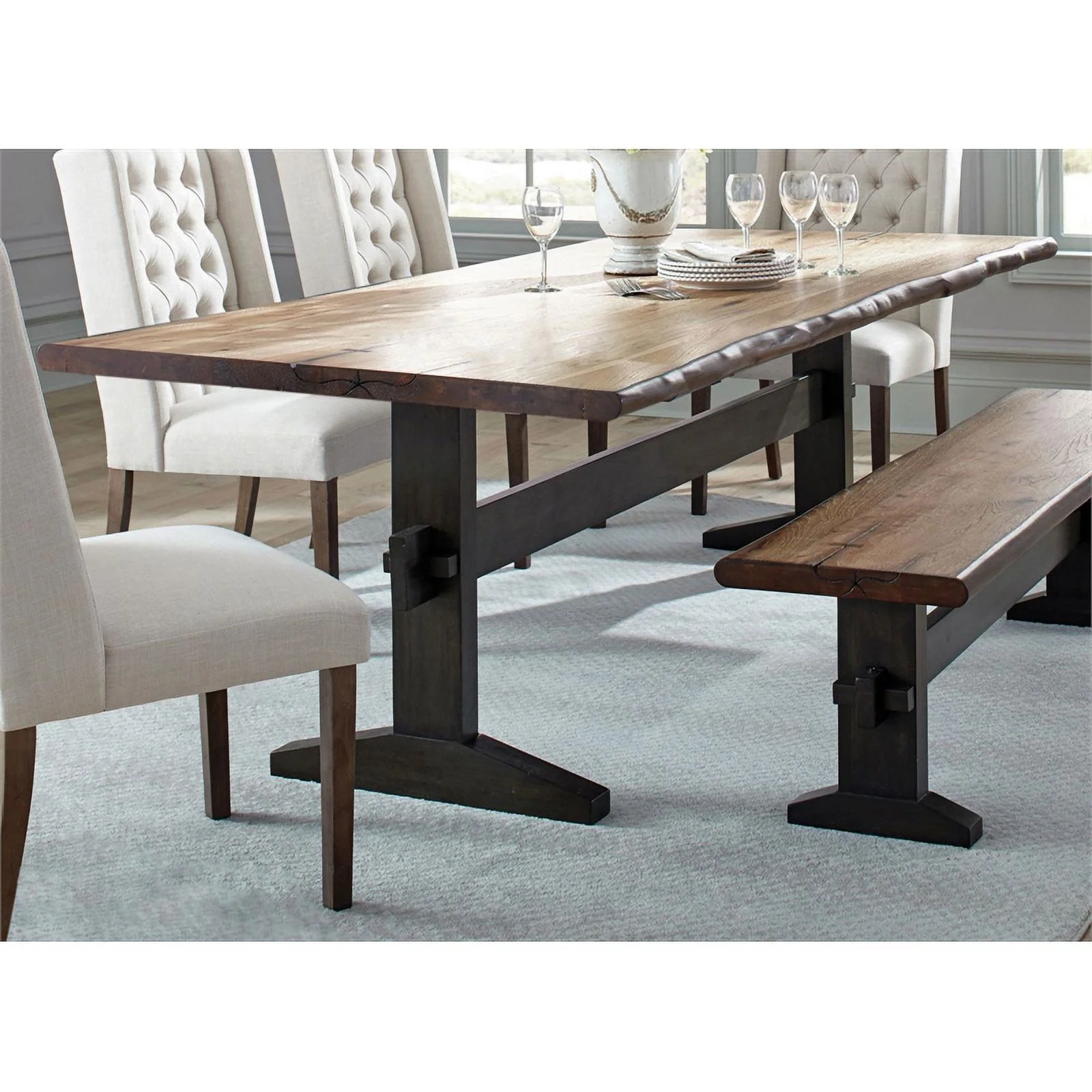 Pemberly Row Wood Live Edge Trestle Dining Table in Natural Honey and Espresso