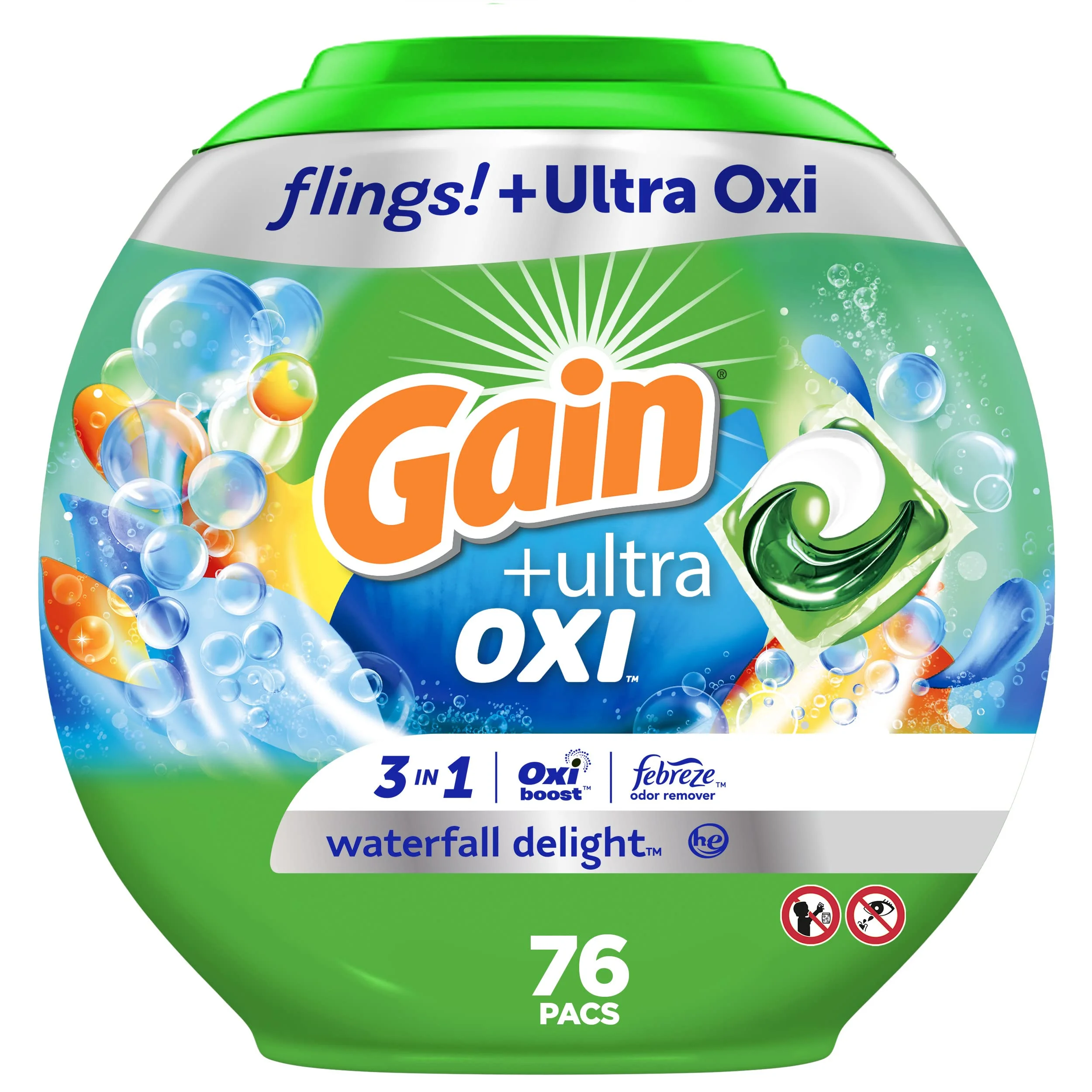 Gain Flings Ultra Oxi Laundry Detergent Pacs 76 Count Waterfall Delight Scent 3-In-1 He Compatible
