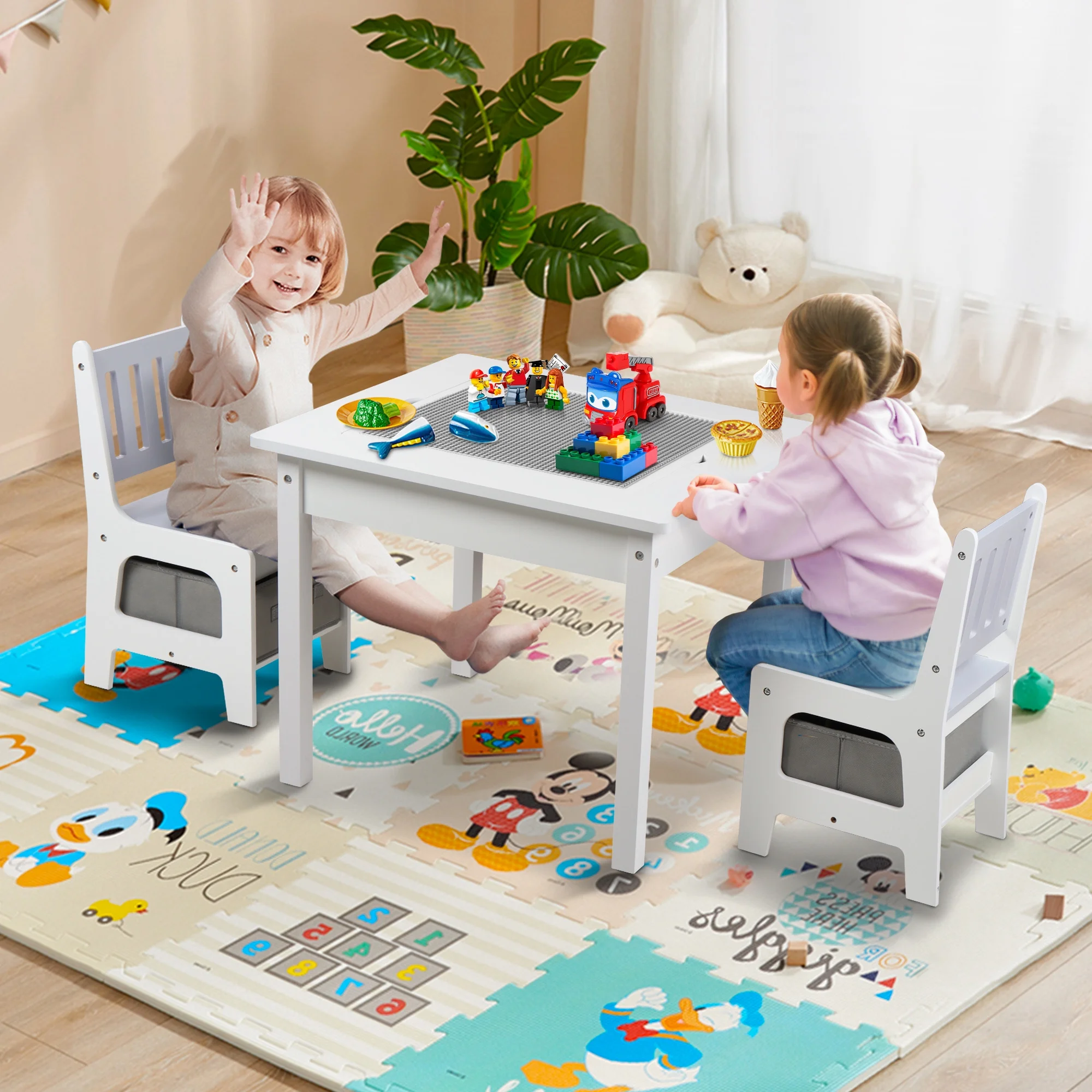 AILEEKISS Kids Table and Chair Set, 2 in 1 Toddler Activity Table, Lego Block Play Table, Grey