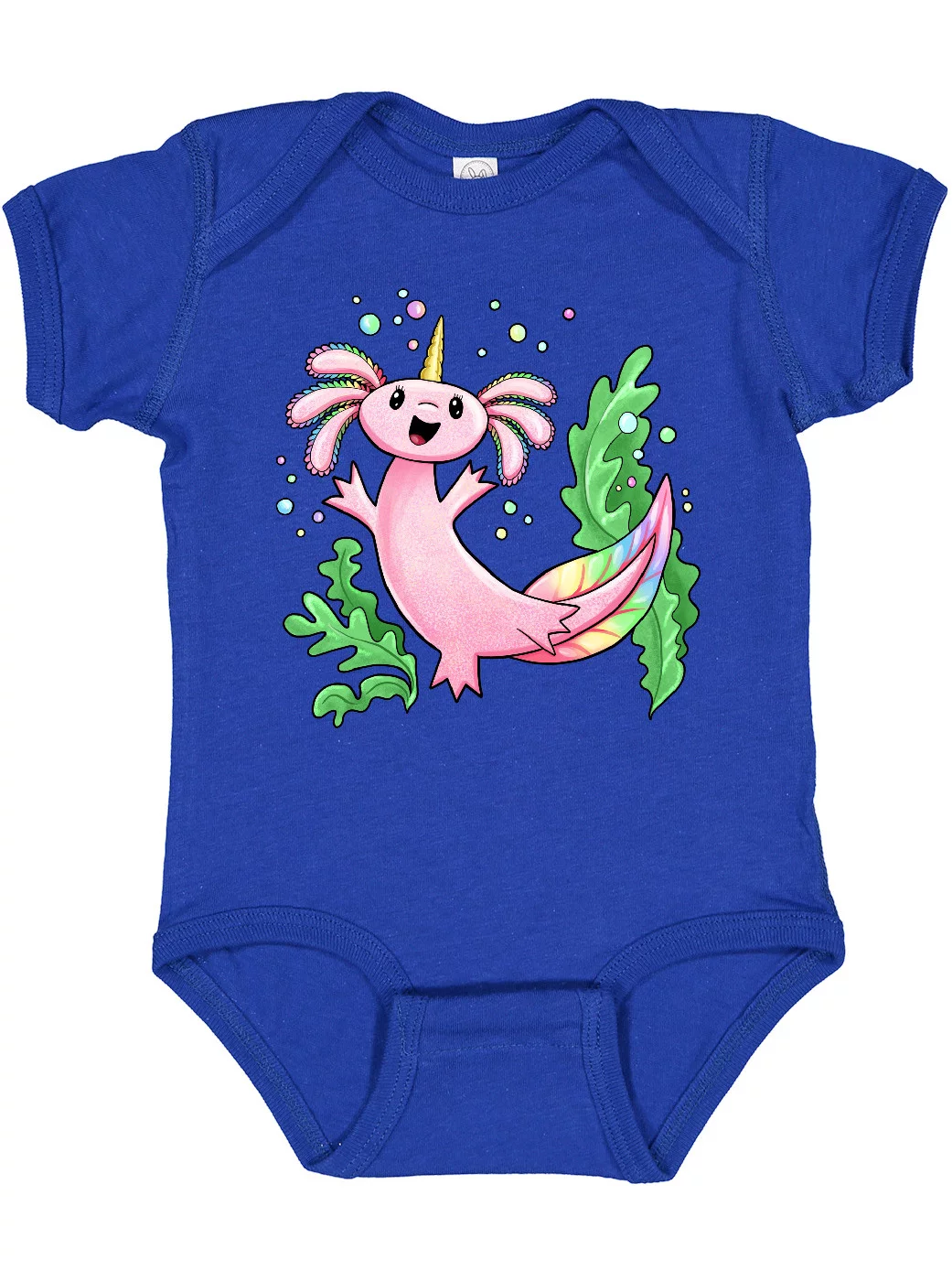 Inktastic Axolotl Unicorn with Rainbow Tail, Bubbles and Seaweed. Boys or Girls Baby Bodysuit