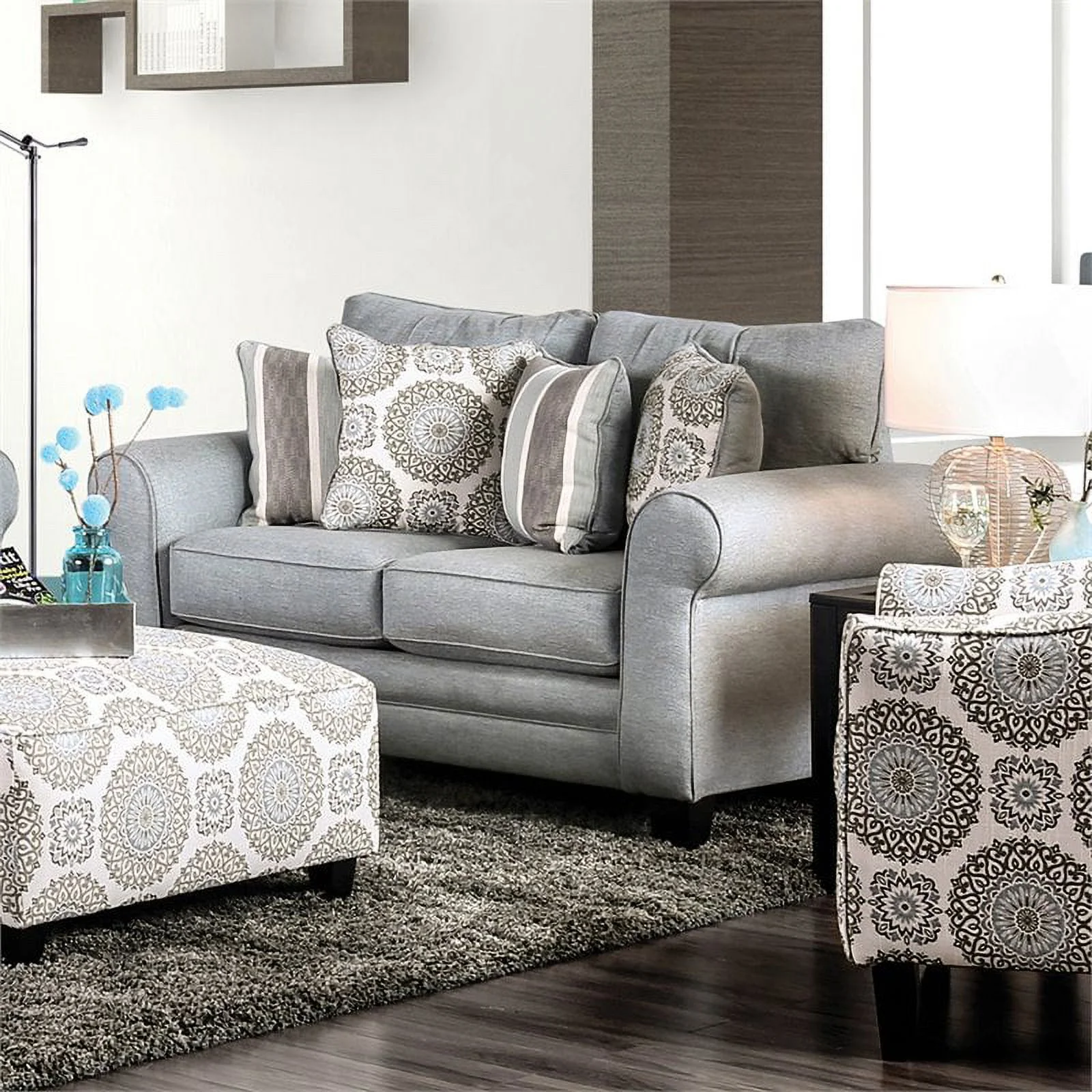 Furniture of America Joyce Transitional Fabric 2-Piece Sofa Set in Blue Gray