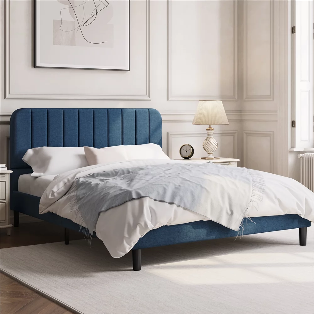 Easyfashion Velvet Upholstered Platform Bed Frame with Headboard / Wood Slat Support Black, Queen