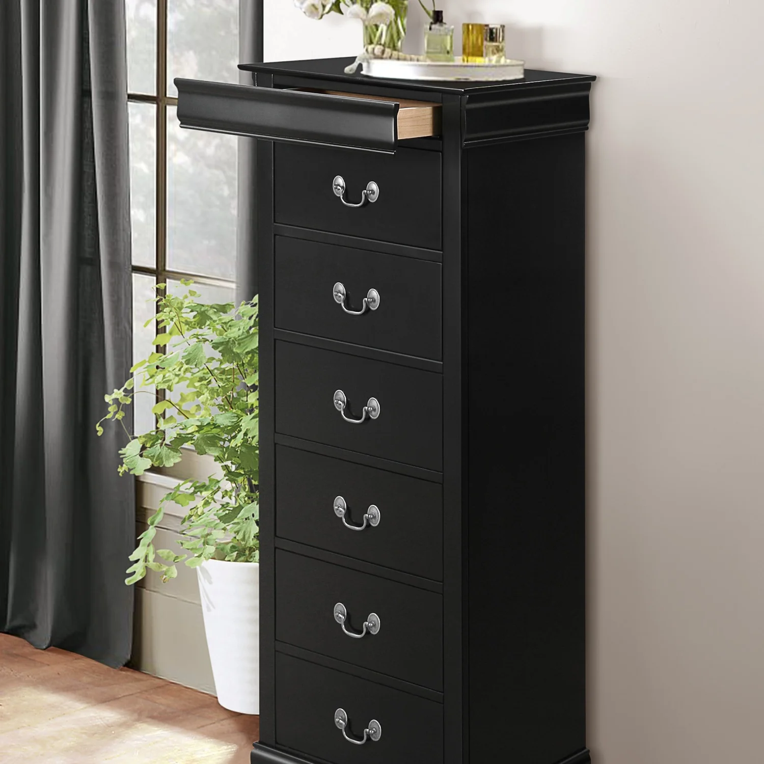 Classic Louis Phillippe Style 7-Drawer Lingerie Chest in Elegant Black Finish with Traditional Design and Hidden Drawers - Wooden Furniture
