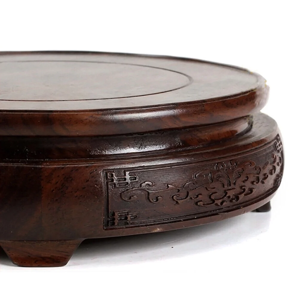 Carved Wood Fishbowl Stand Bonsai Stone Vase Flower Pot Rack Round Display Base