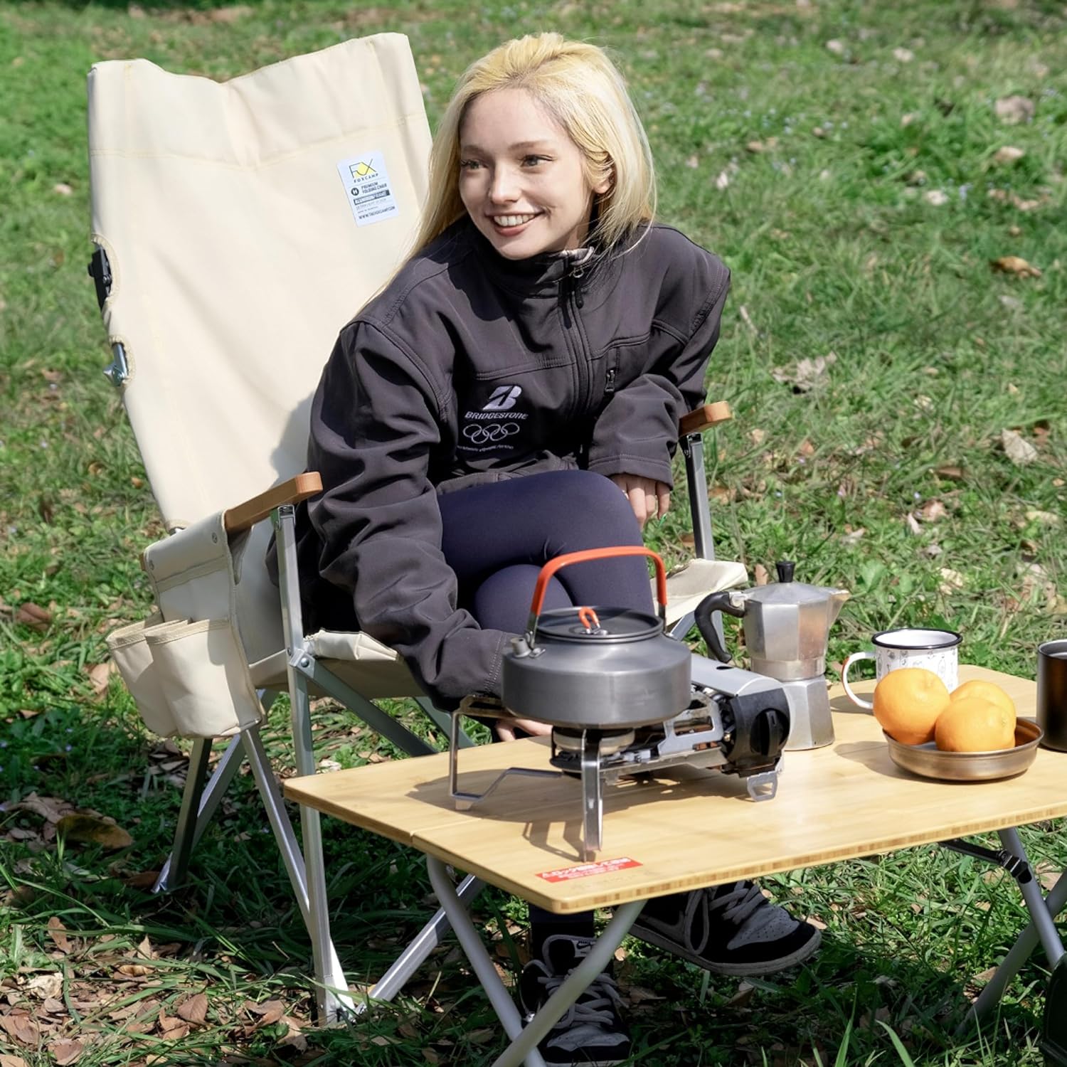 Folding Camping Chair for Outside, High Back Lawn Chairs Khaki Lightweight Portable Folding Chair with Cup Holder, Pocket for Patio, Sport, Outdoor