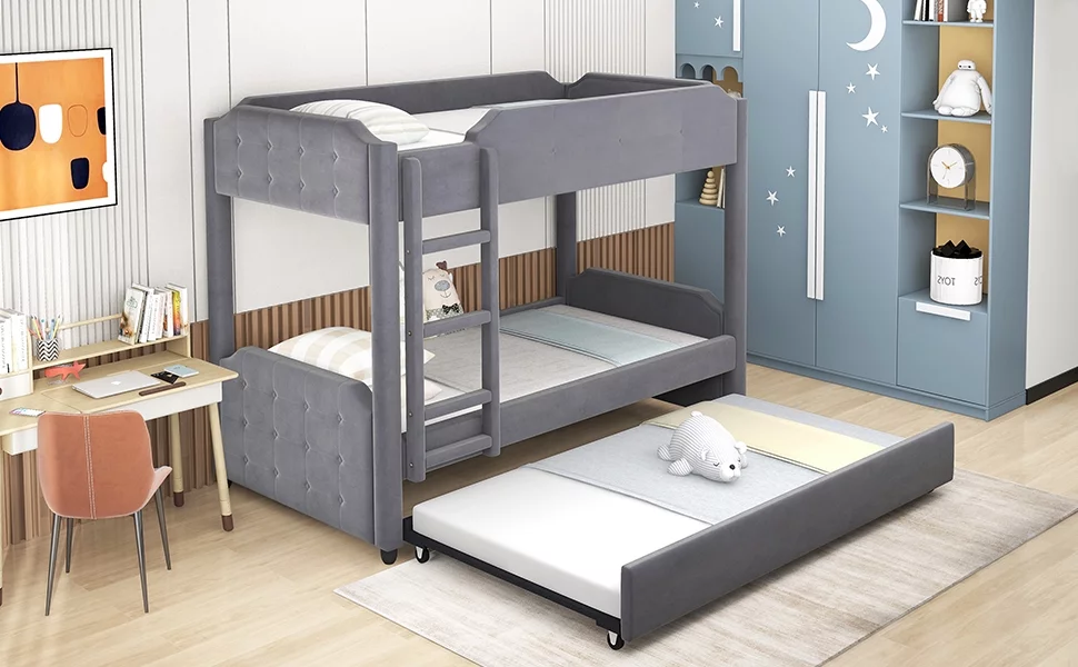 EUROCO Twin over Twin Upholstered Bunk Bed with Trundle, Gray