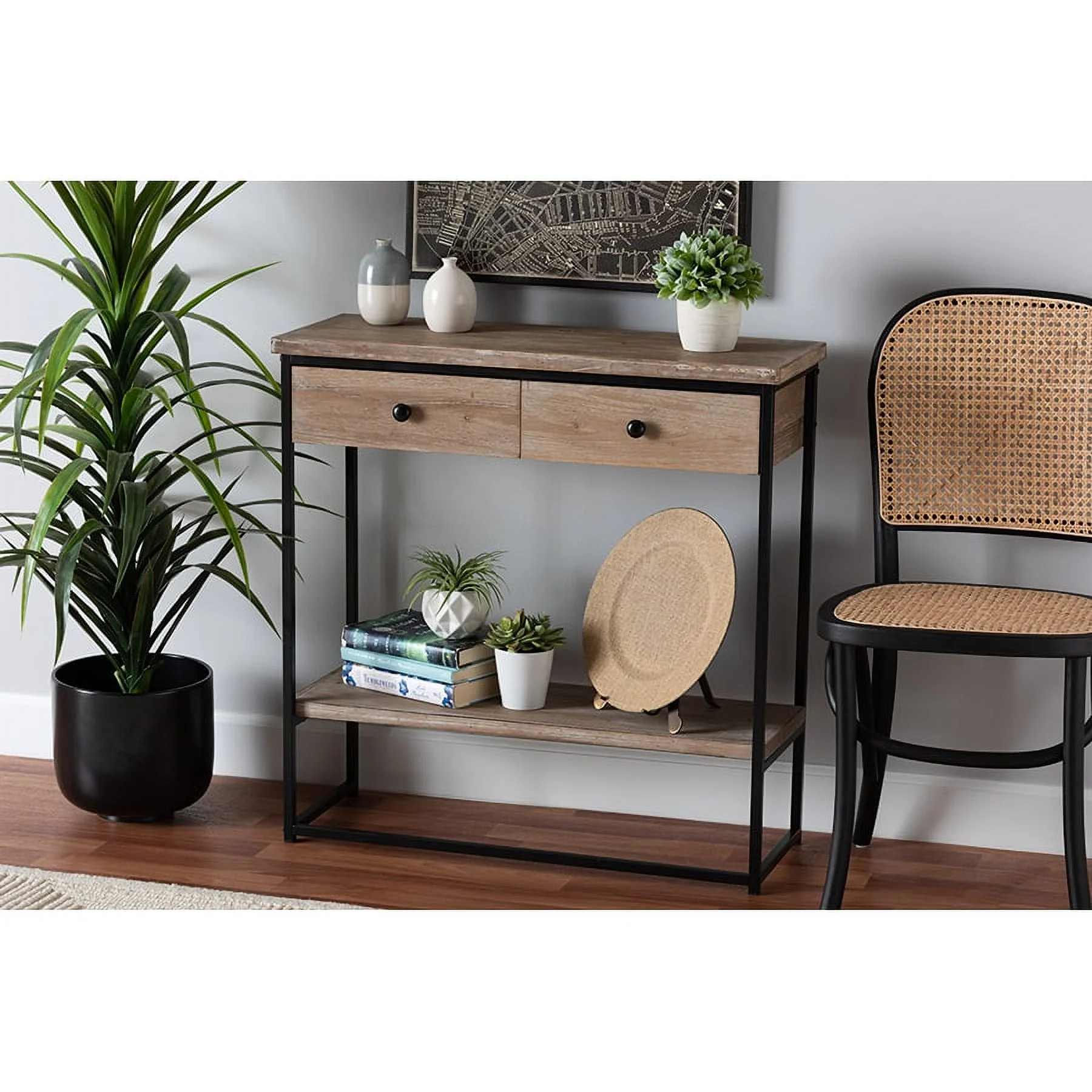 Baxton Studio Silas Modern Industrial Natural Brown Finished Wood and Black Metal 2-Drawer Console Table