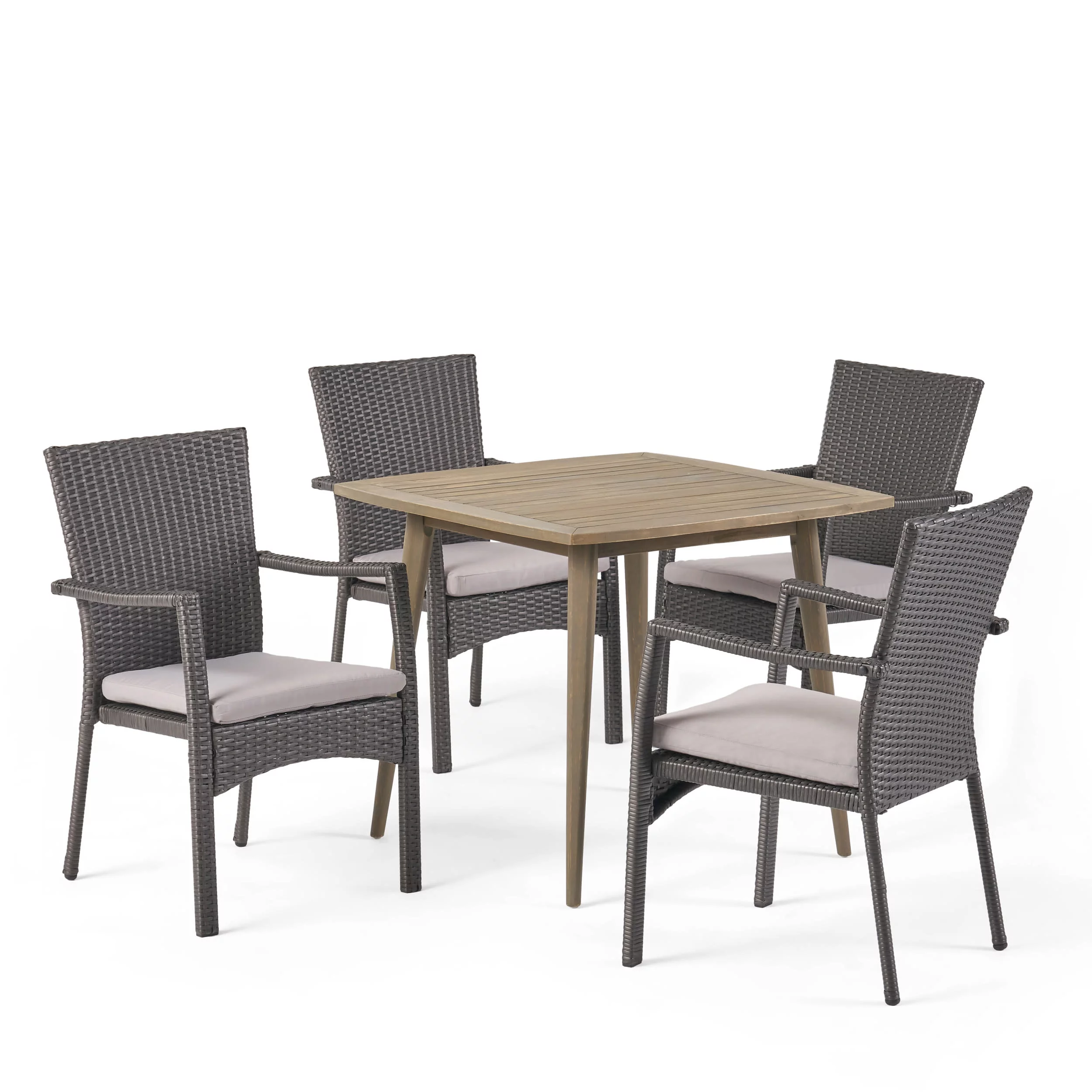 GDF Studio Keana Outdoor Wicker and Acacia Wood 5 Piece Dining Set, Gray