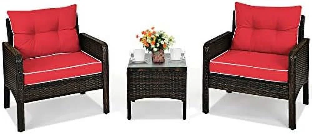 MQLIFEBOOM 3 Pieces Patio  Set Outdoor Rattan Wicker Coffee Table & Chairs Set with Seat Cushions Patio Conversation Set for Garden Balcony Backyard Poolside