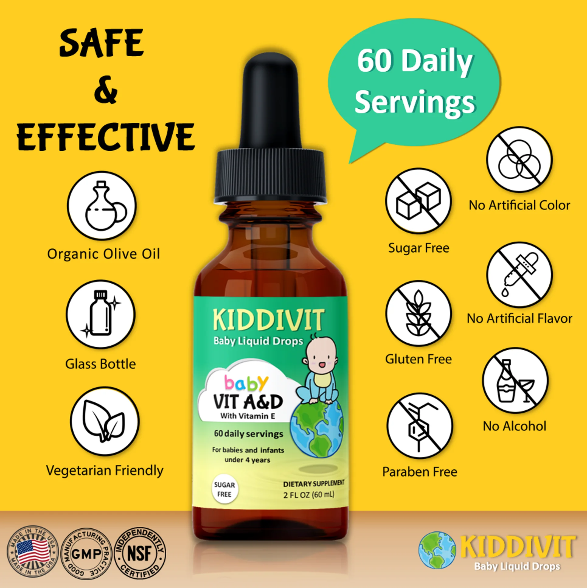 Kiddivit Baby Vitamin A&D Liquid Drops With Vitamin E - 60 Daily Servings, 2 FL OZ (60 mL) - Dropper Included, Glass Bottle - Sugar Free, Gluten Free, Vegetarian Friendly