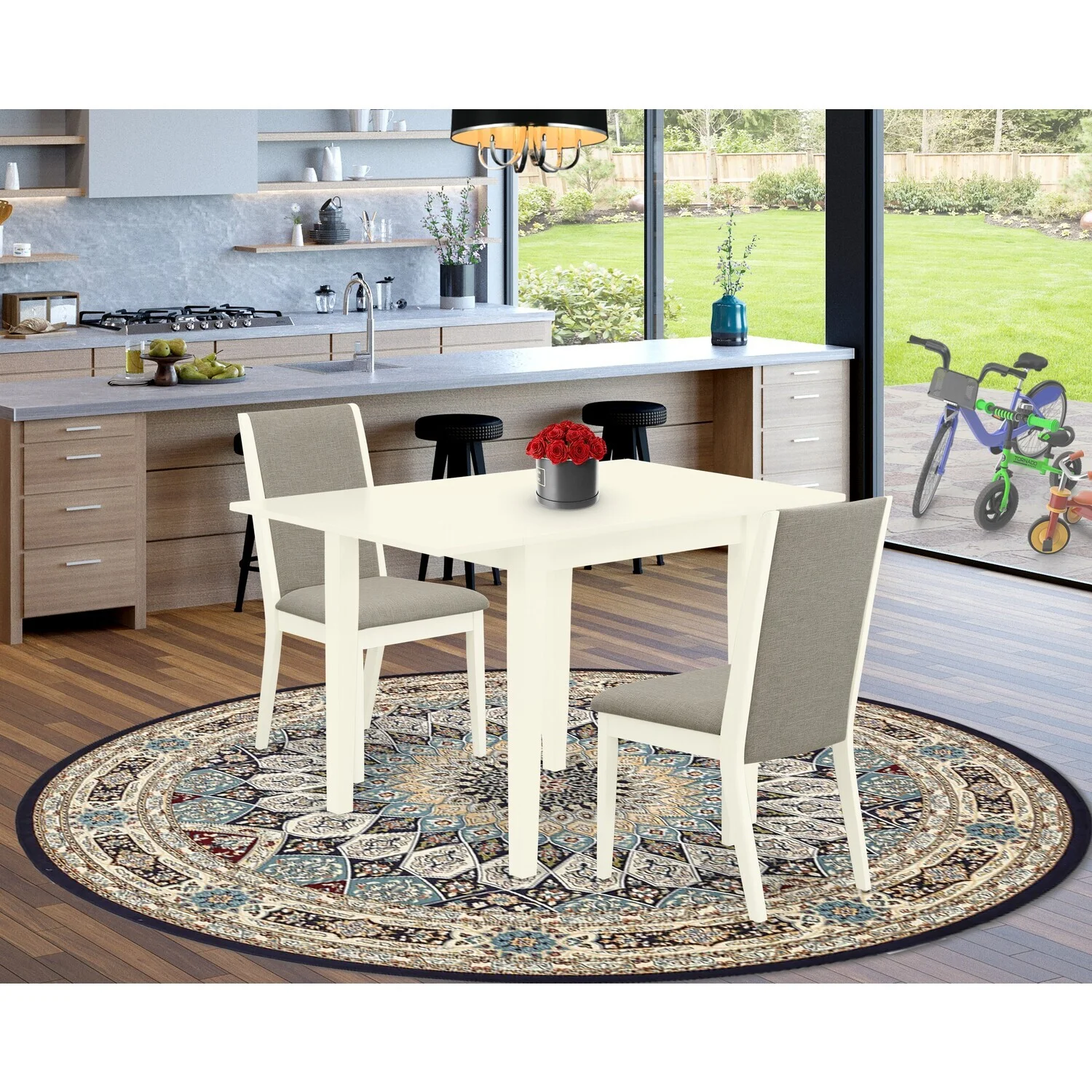 HomeStock Country Cottage 3-Pc Wood Dining Table Set Included A Drop Leaves Dining Table & 2 Fabric Kitchen Chairs, Shitake Linen Fabric Parson Chairs Seat With Rubber Wood Legs, Linen White