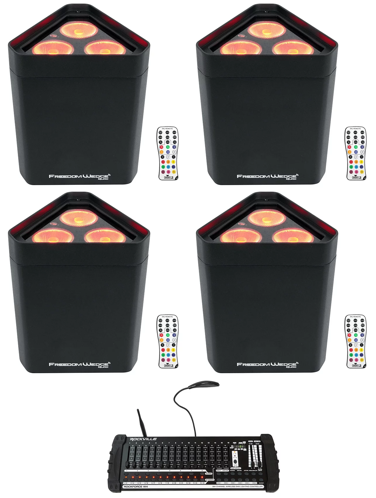 (4) Chauvet Freedom Wedge Quad Rechargeable Wash Lights+Wireless DMX Controller