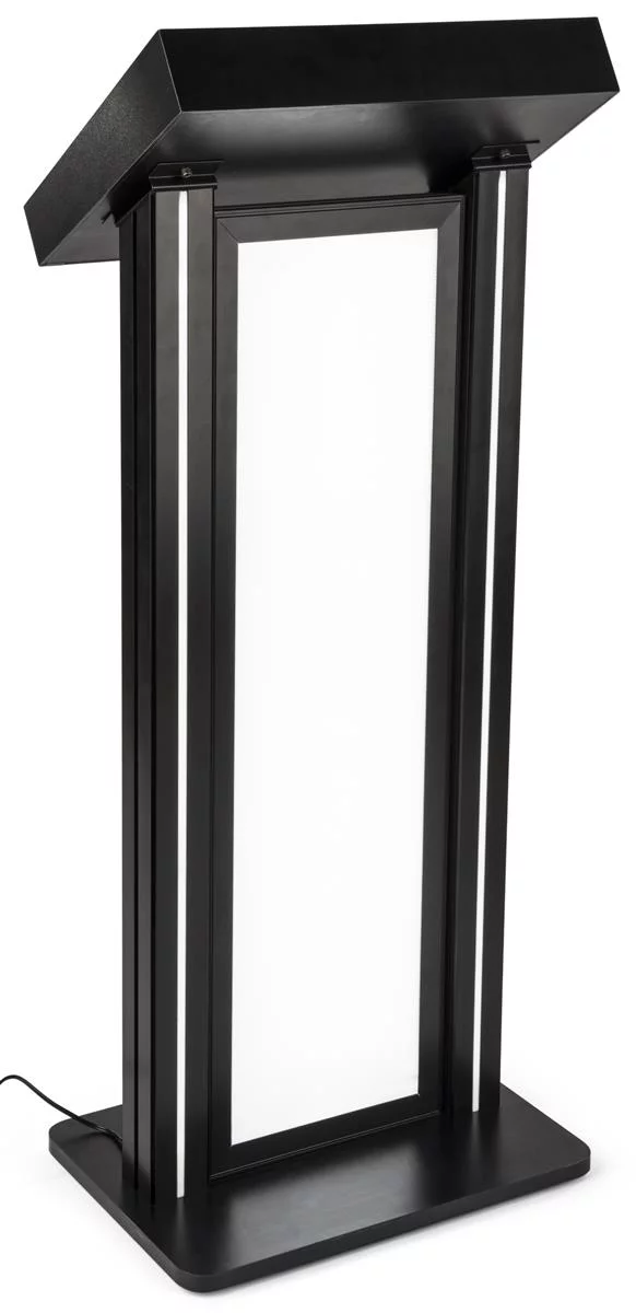 Displays2go 48”h Podium Stand with Lighted Graphics, Aluminum & MDF Build – Black Finish (LEDLECTCL)