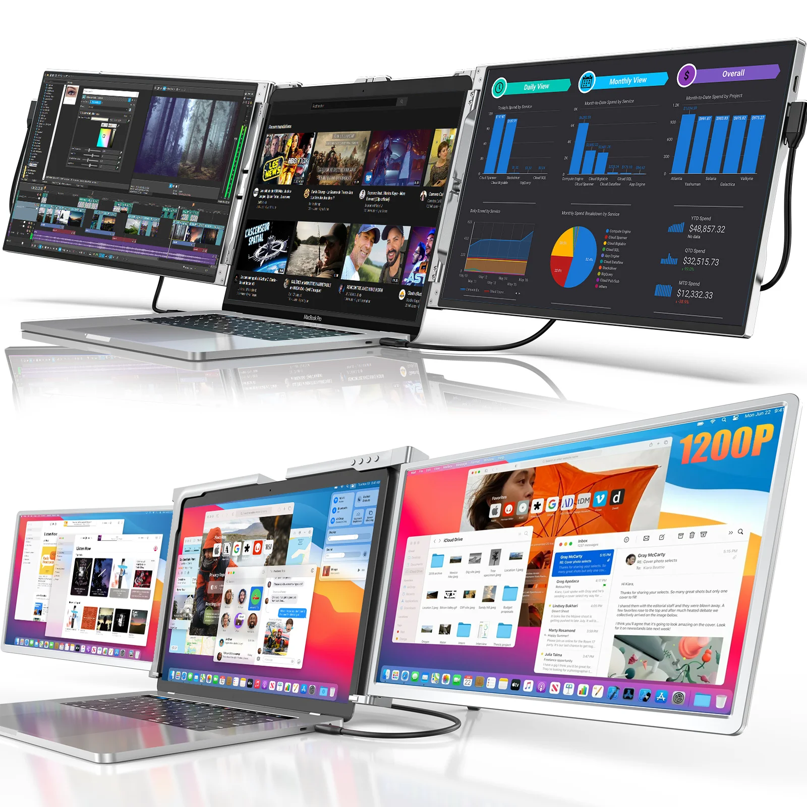 LIMINK 14inch Laptop Monitor Extender with 1 Cable Connect Protable Extended Dual Screen for 15-17.5inch Laptops,1200P Frameless Tri-Screen Plug and Play ,Travel Monitor