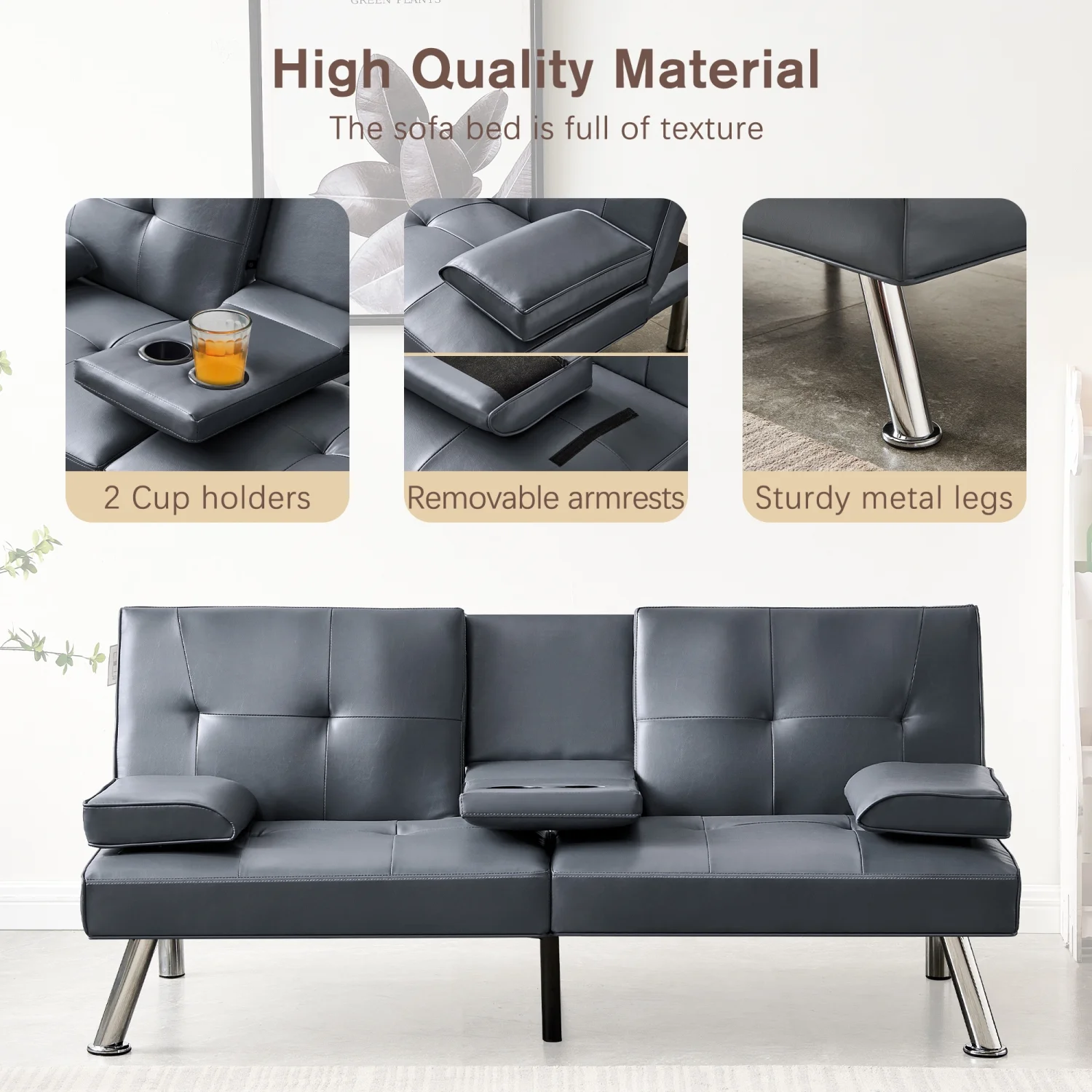 Convertible Sofa Bed Adjustable Couch Sleeper Modern Faux Leather Recliner Reversible Loveseat Folding Daybed Guest Bed  Removable Armrests  Cup Holders  3 Angles    Gray