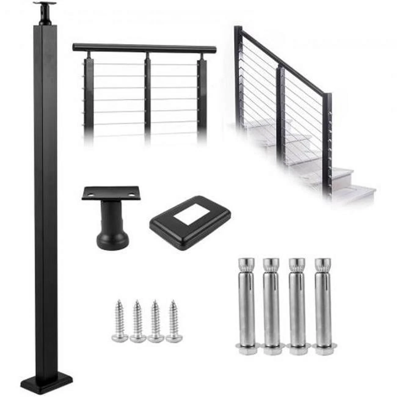 Vevor  42 x 0.98 x 1.97 in. Cable Rail Level Deck Stair Post with Handrail Stainless Steel Brushed Finishing Deck, Black
