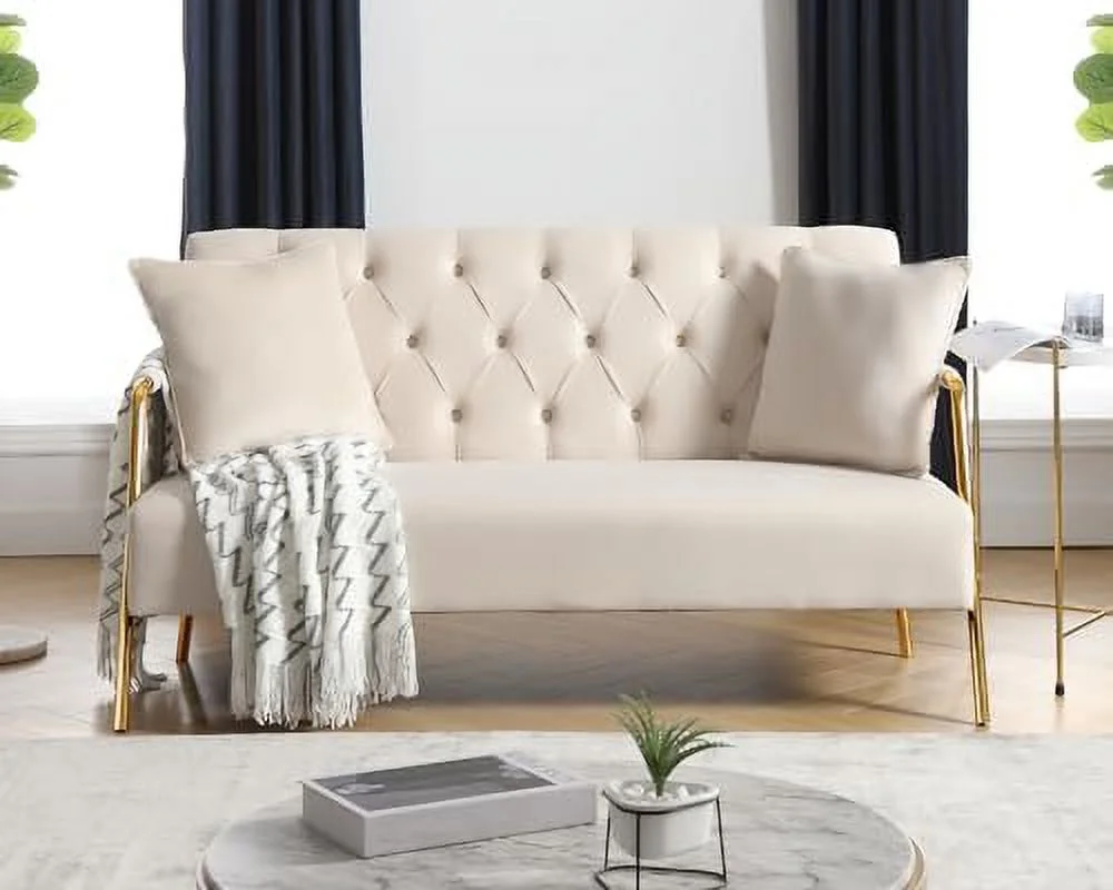 SJOINMB Modern Velvet Loveseat Sofa  58" Mid Century Upholstered 2 Seater Sofa - Comfortable Sofa Couch with 2 Pillows and Gold Metal Legs - Small Spaces Bedroom Apartment Office Livi
