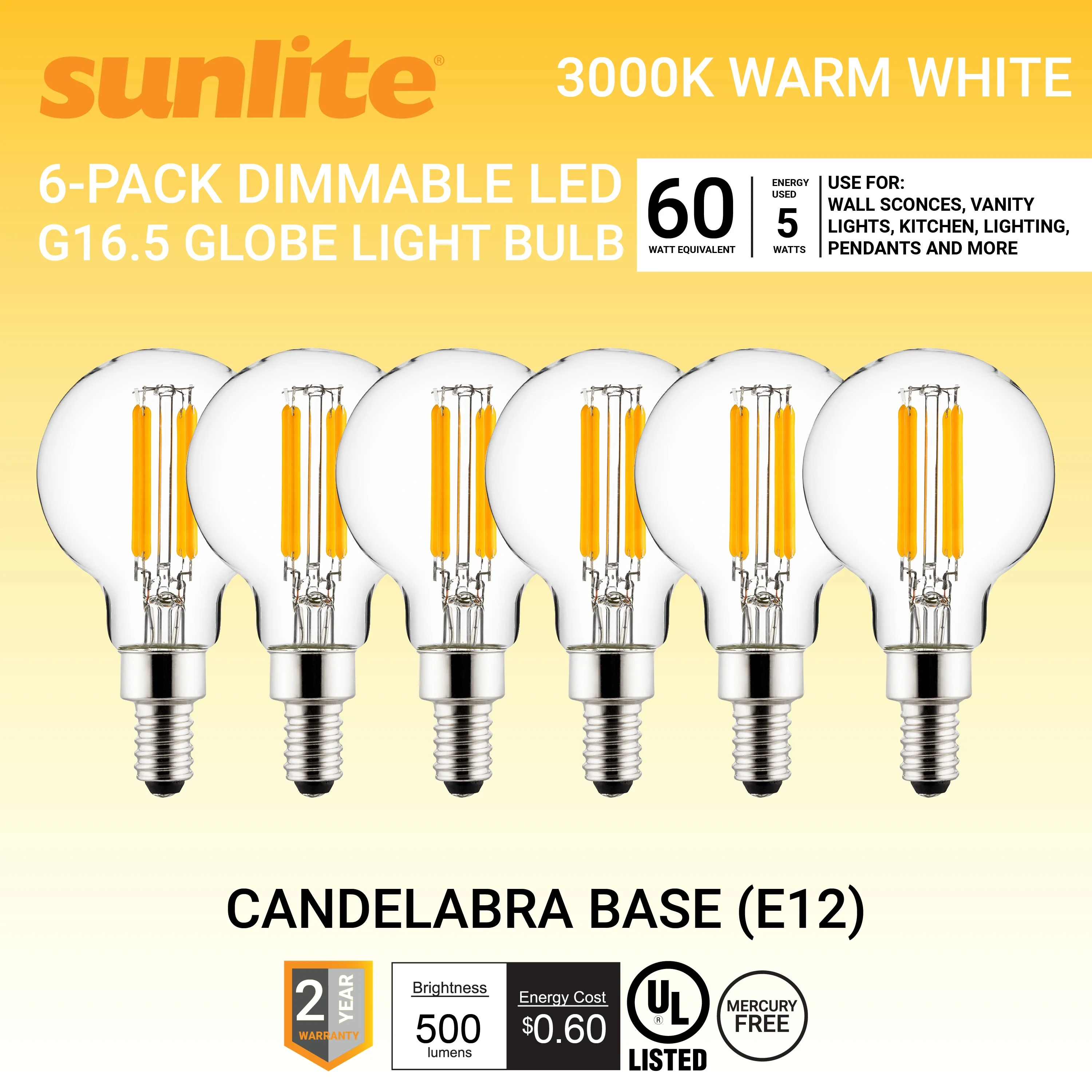 Sunlite LED G16.5 G16 1/2 Filament Style Globe Light Bulb, 5 Watts (60W Equivalent), Candelabra E12 Base, Dimmable, Clear, UL Listed, 3000K Warm White, 6-Pack
