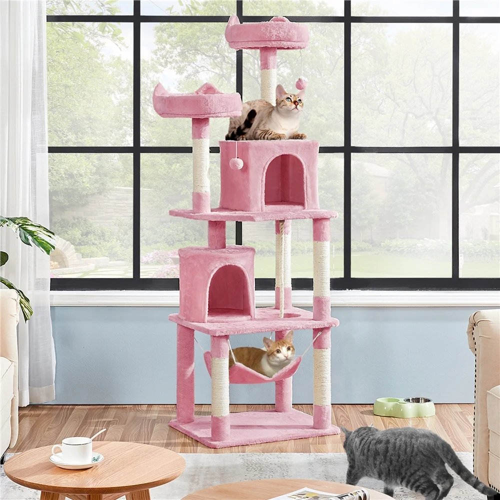 Smile Mart 70.5″ H Multi Level Cat Tree Tower with 2 Foam-Padded Perches, Pink