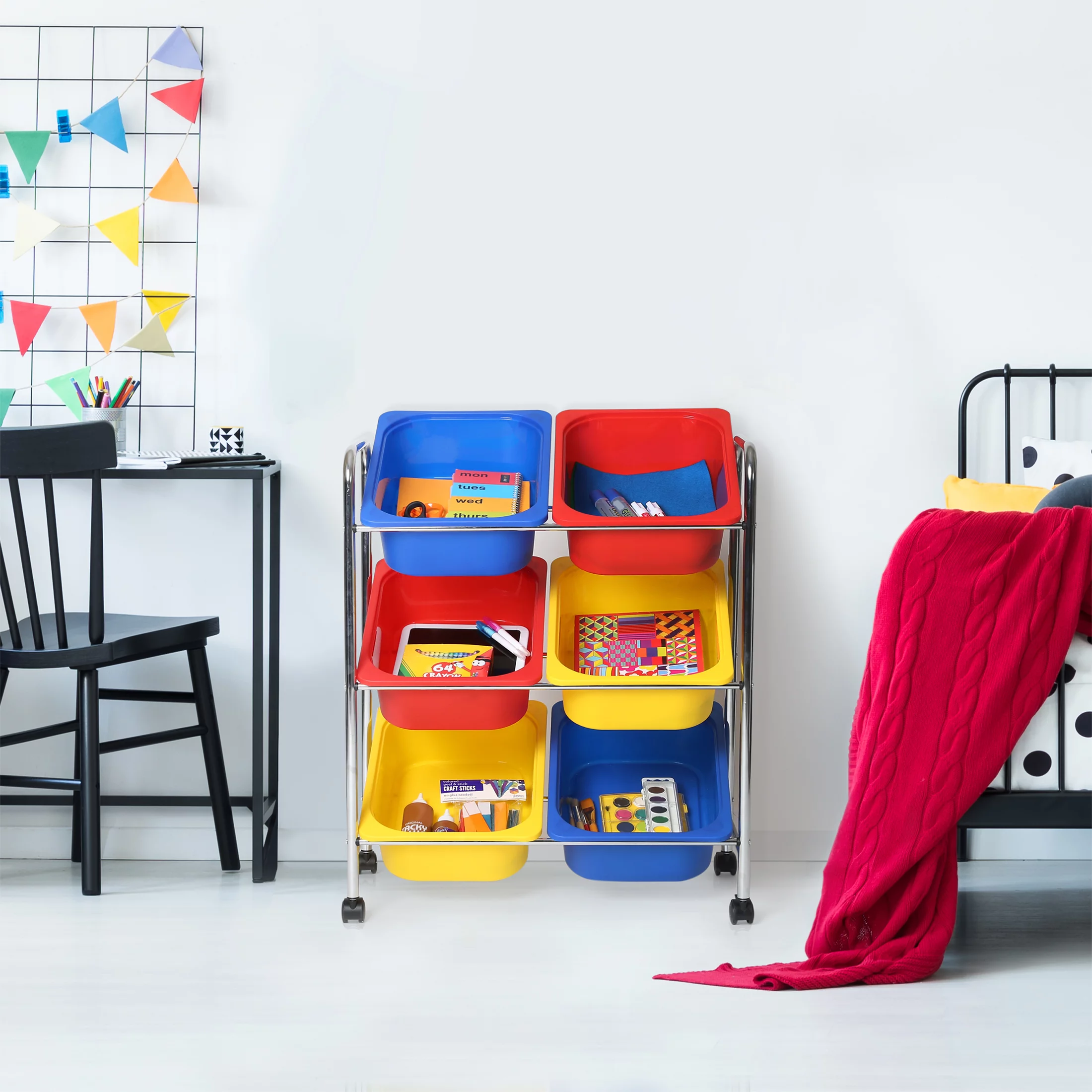 Seville Classics Rolling Utility Organizer Storage Cart, for Home Office, School, Classroom, Scrapbook, Hobby, Craft, 6-Bin, Multicolor