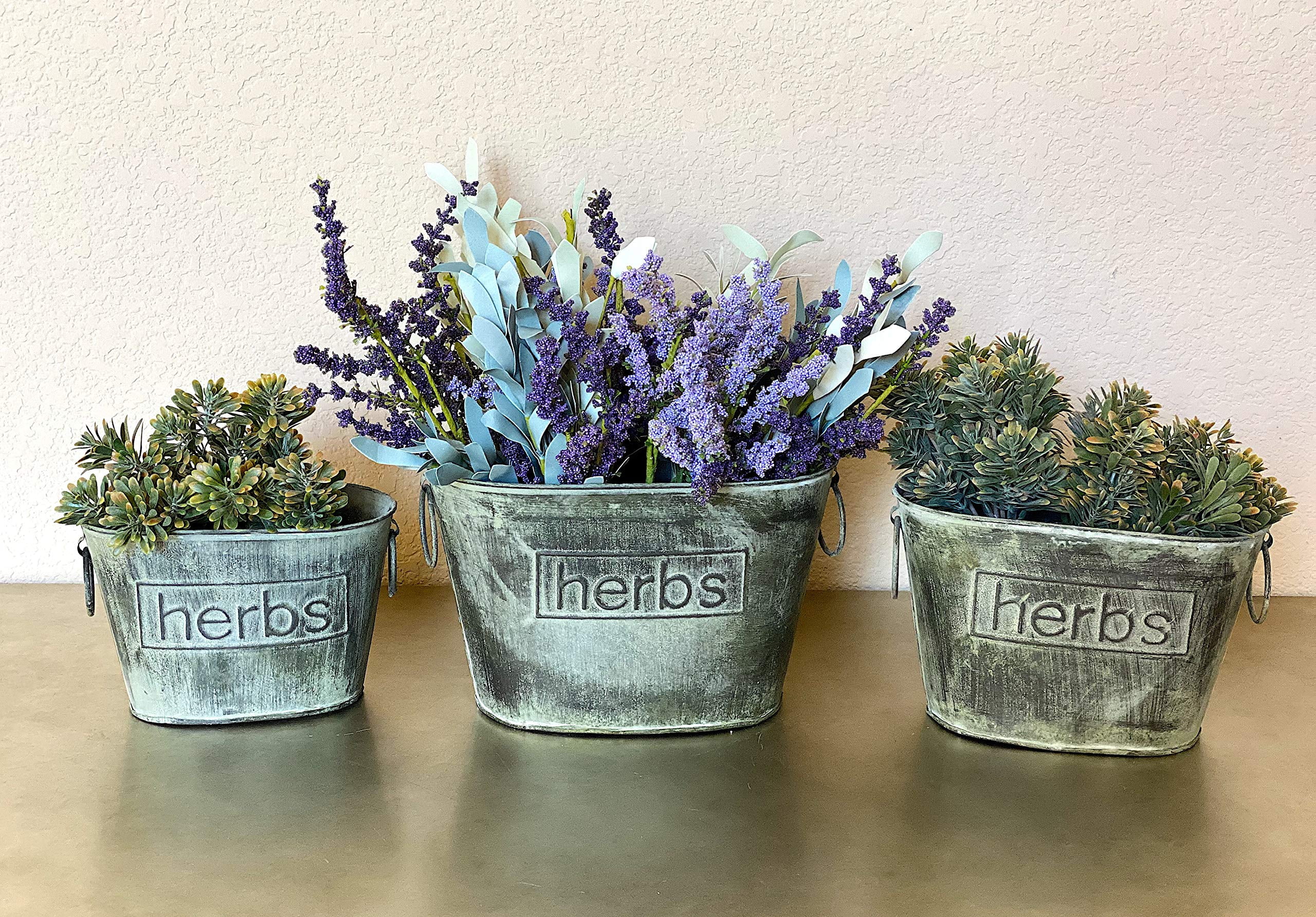 3 Metal Buckets Herbs Planters W Handles Decorative Storage Container Distressed Tarnished Silver Rustic Indoor Outdoor