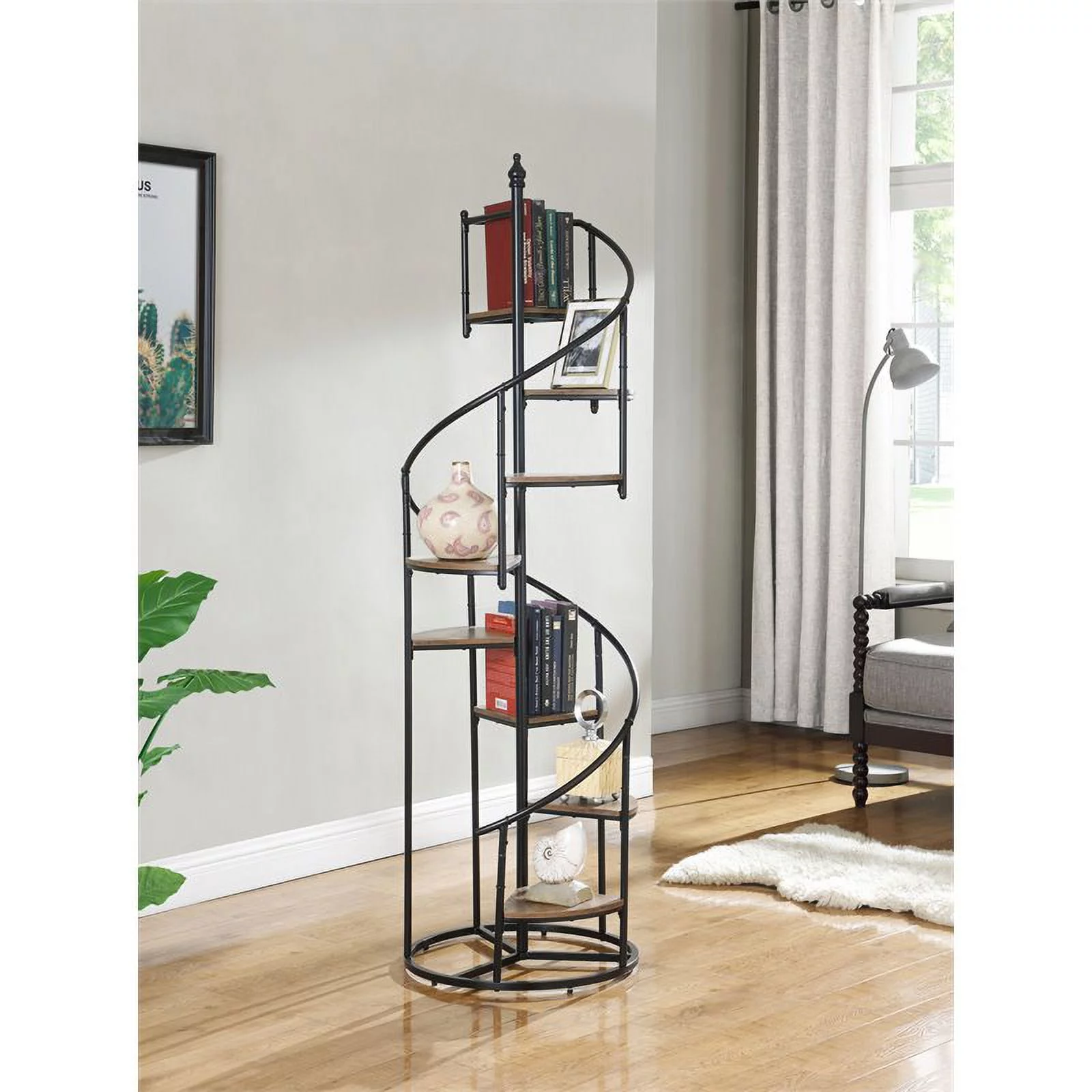 Pemberly Row 8 Shelf Staircase Bookcase in Rustic Brown and Black
