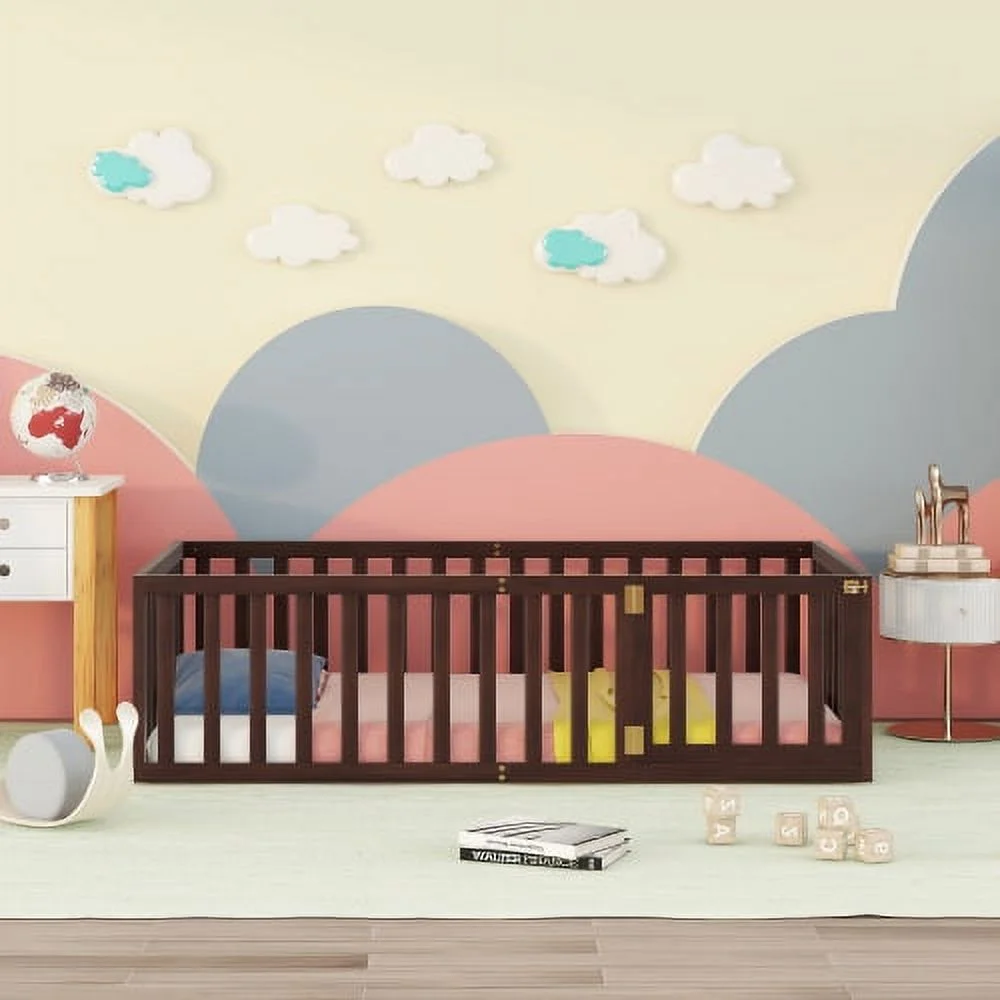 DremFaryoyo Twin Size Wood Floor Bed Frame with Fence and Door  Walnut(OLD SKU  WF289661AAL)