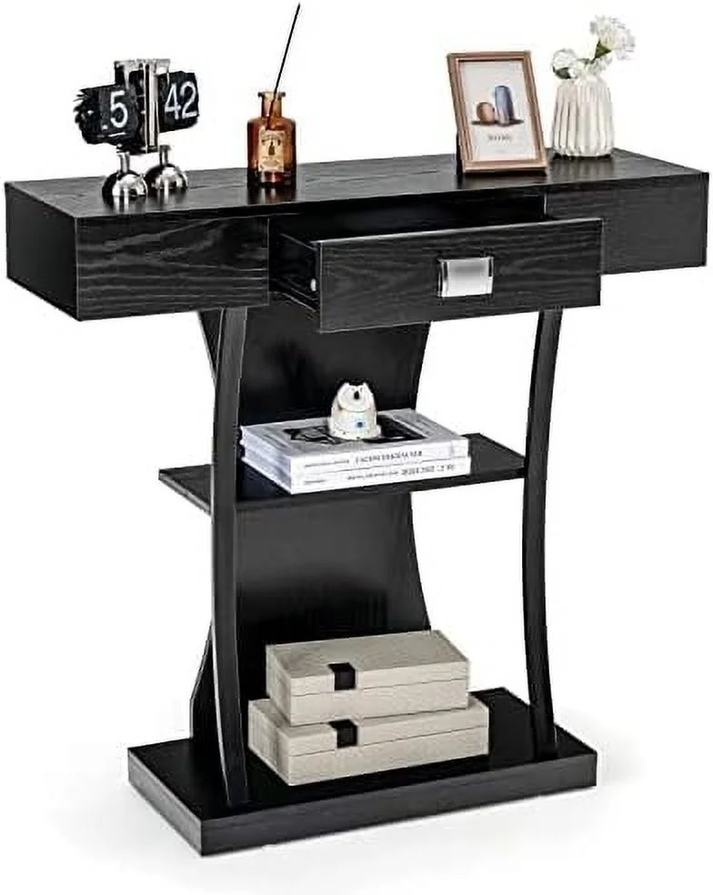 NLTBONNIE 3-Tier Console Table  Narrow Sofa Table with  Drawer  Open Shelves & Anti-Tipping Device  Modern Foyer Behind Couch Table  Entryway Table for Entry  Hallway  Living Room (Gr