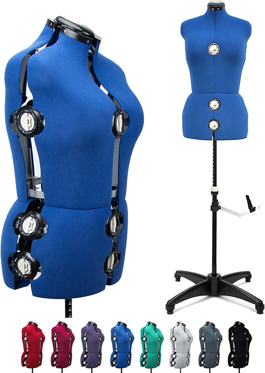 Blue 13 Dials Female Fabric Adjustable Mannequin Dress Form for Sewing, Mannequin Body Torso with Stand, Up to 70