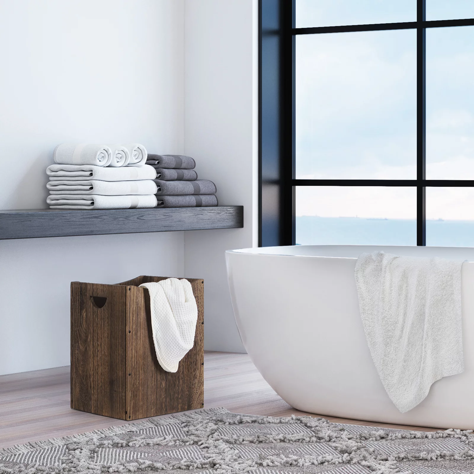 Wood Laundry Hamper Basket with Handles, 36L