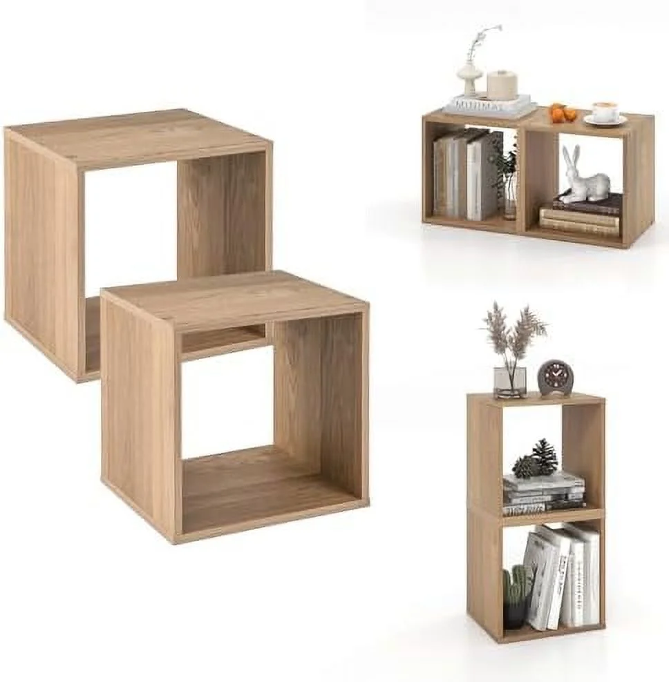 JYHOME 2 Cube Bookshelf Organizer  2-Tier Stackable Cube  Organizer  Small Wooden Open Book  with Anti-toppling Device  Wood Floor Standing Display Shelving Bookcase