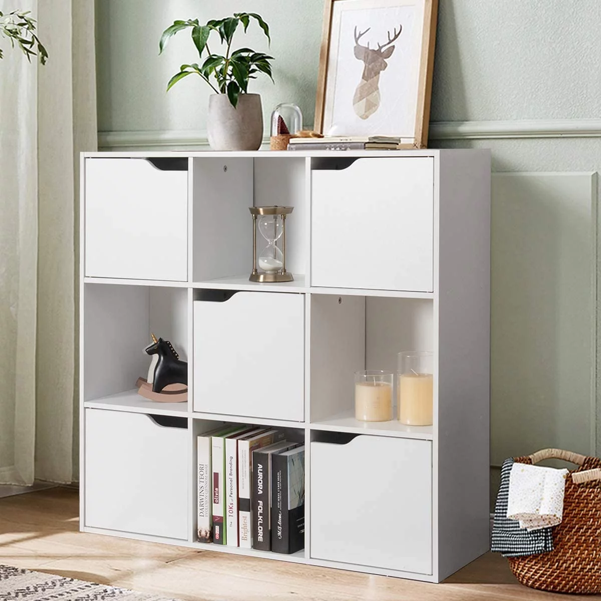 9-Cube Storage Organizer, Storage Cabinet with 4 Open Cubes and 5 Cabinets, Free Standing Wooden Cubby Bookcase, Compartment Units for Home Office, 3-Tier Bookshelf for Books, Toys