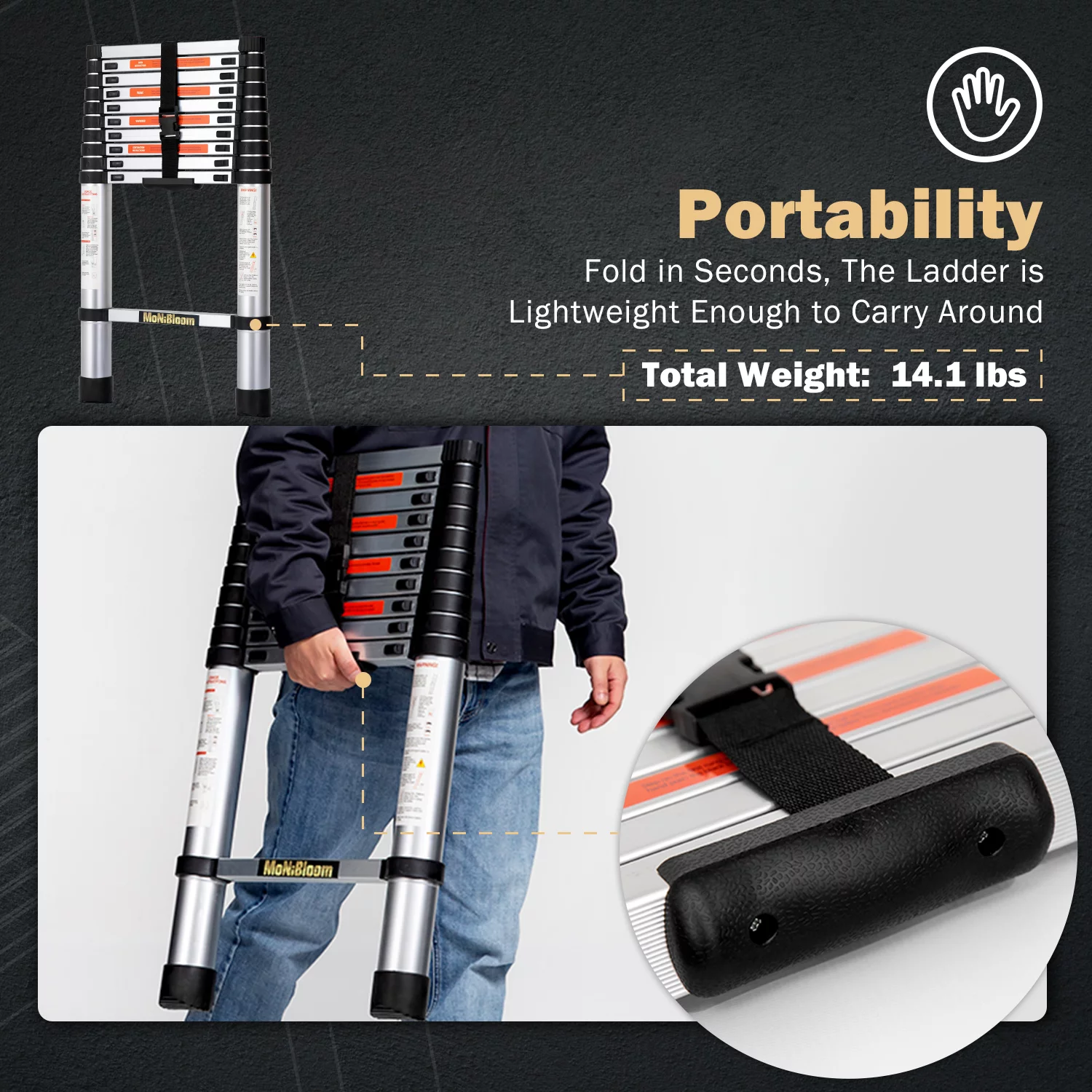 MoNiBloom 10.6Ft Aluminum Telescoping Multi Position Ladder, 330lbs Load Capacity, Extension Steps Anti-Slip Rubber Feet