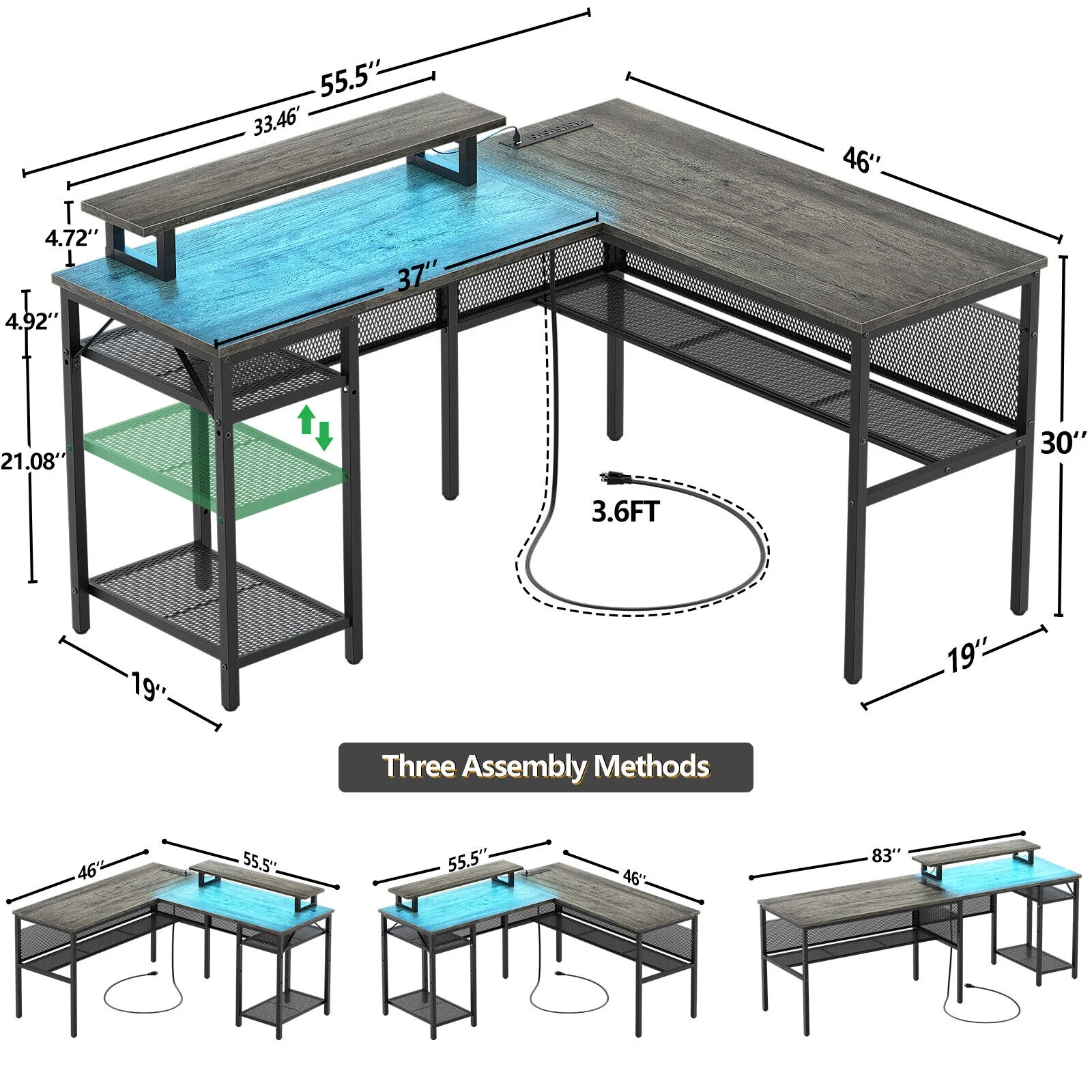 Homieasy L Shaped Computer Desk Desk w/Outlets & Lights Home Office Corner Desk