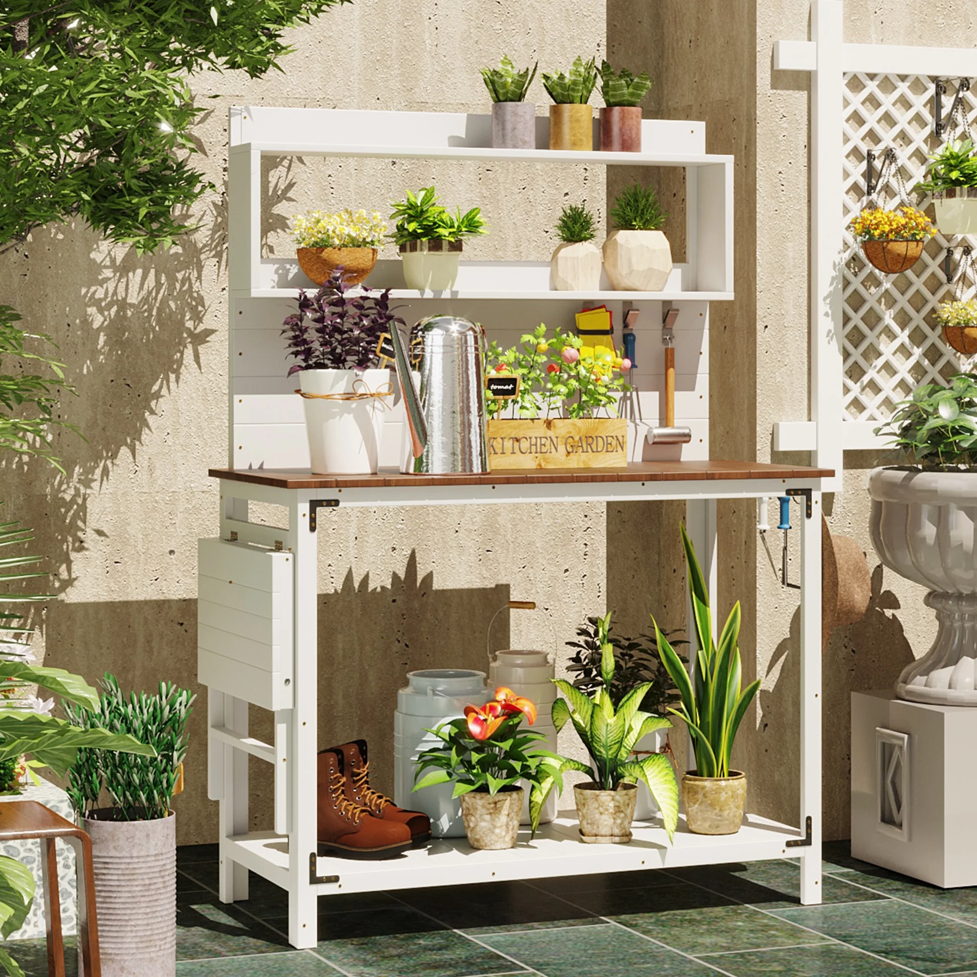 Euroco 4 Tier Garden Potting Bench Table Wood Workstation with Shelves, Side Hook, White, 65