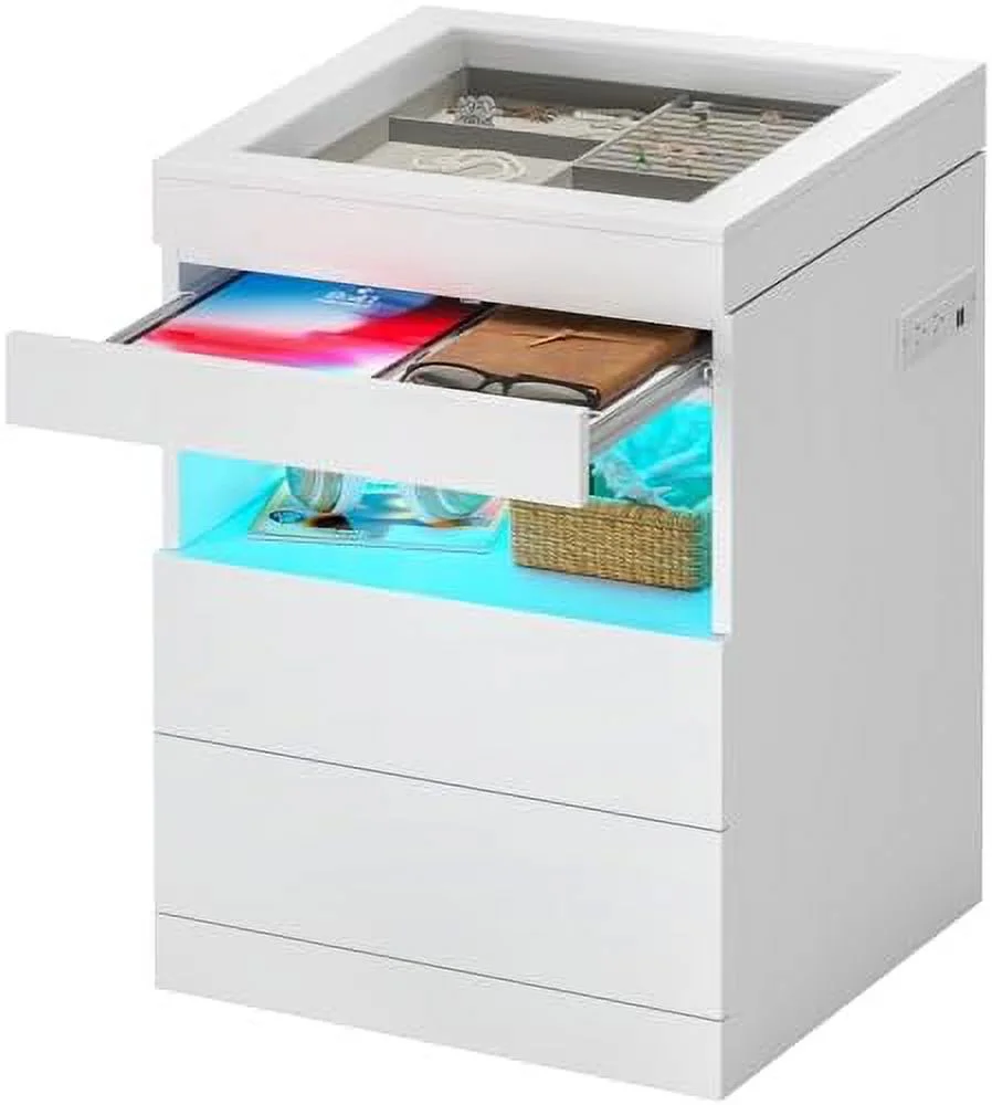 JDZHAPPYLIFE LED Nightstand with Charging Station & Sliding Top  Black Night Stand with Glass Top & Jewelry Tray  Bedside Table with Drawers & Pull-Out Tray  Modern  End Table
