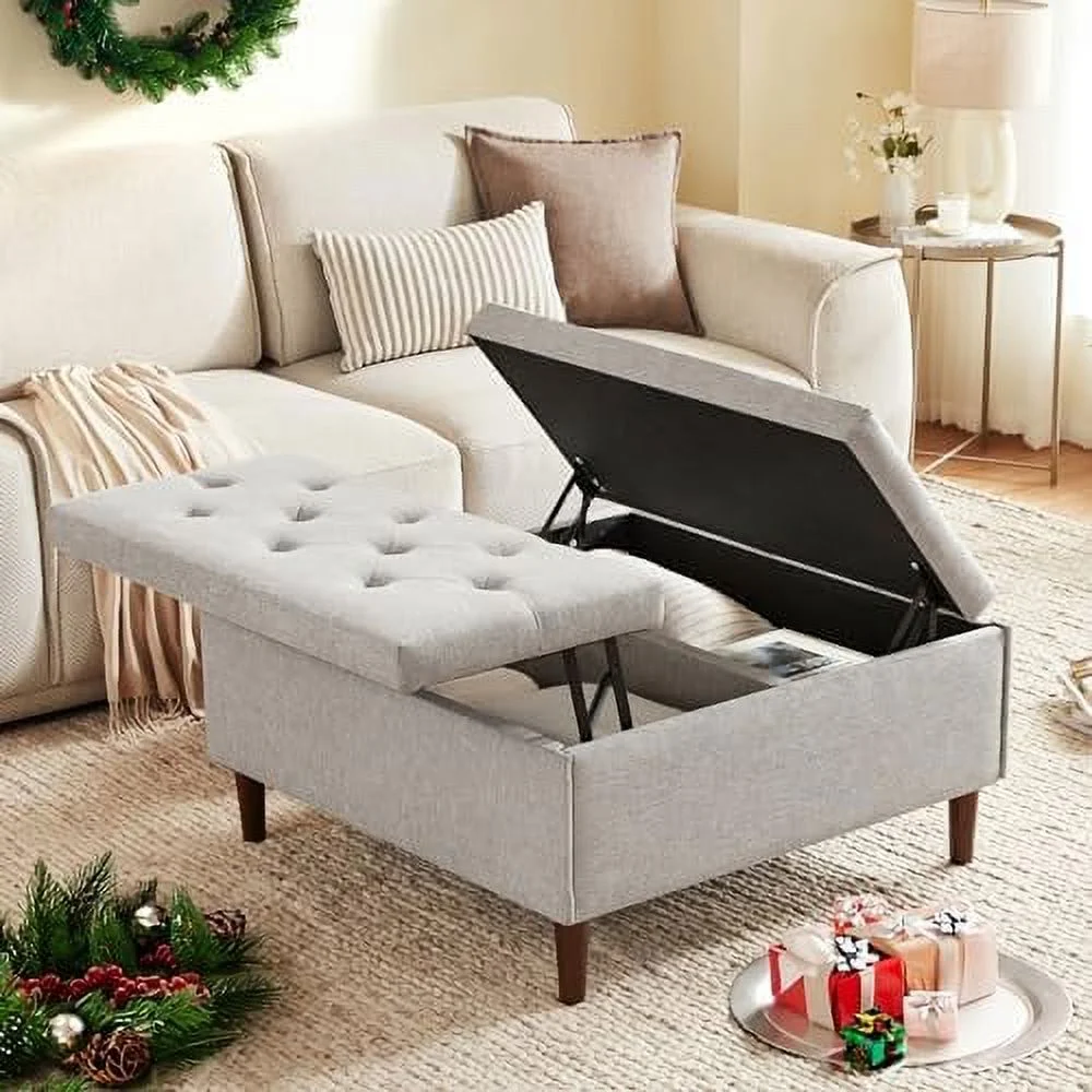 xrboomlife 35 Inch Extra Large  Ottoman Coffee Table with Lift Top  Oversized Square Ottoman with   Tufted Upholstered Ottoman Coffee Table for Living Room (Fabric  Light Grey)