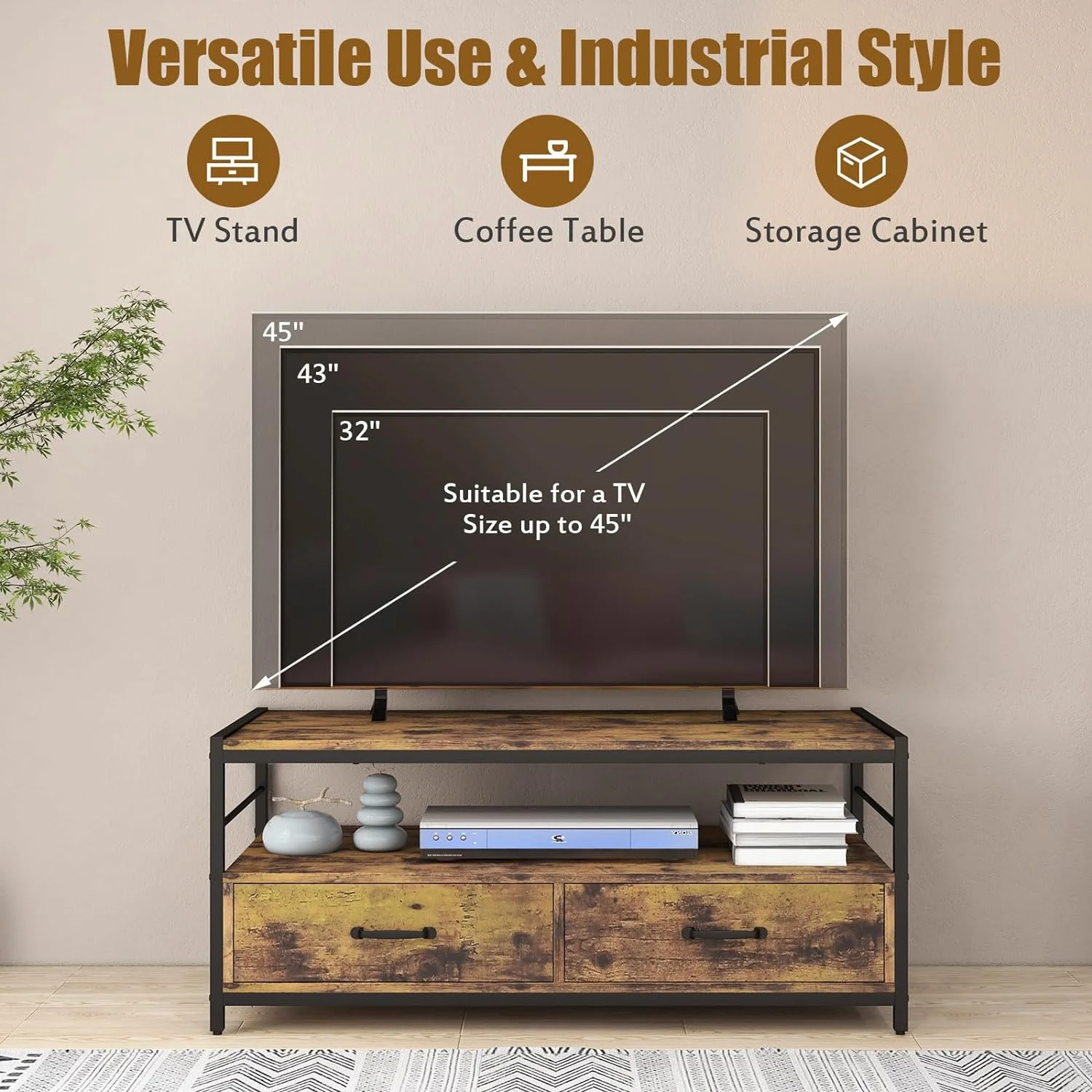 ZFGSUIJN Industrial Wood Coffee Table - Living Room Rectangular Center Table w/ 2 Drawers & Open   Accent Sofa Console Table w/Sturdy Metal Frame & Wooden Top  Rustic Brown