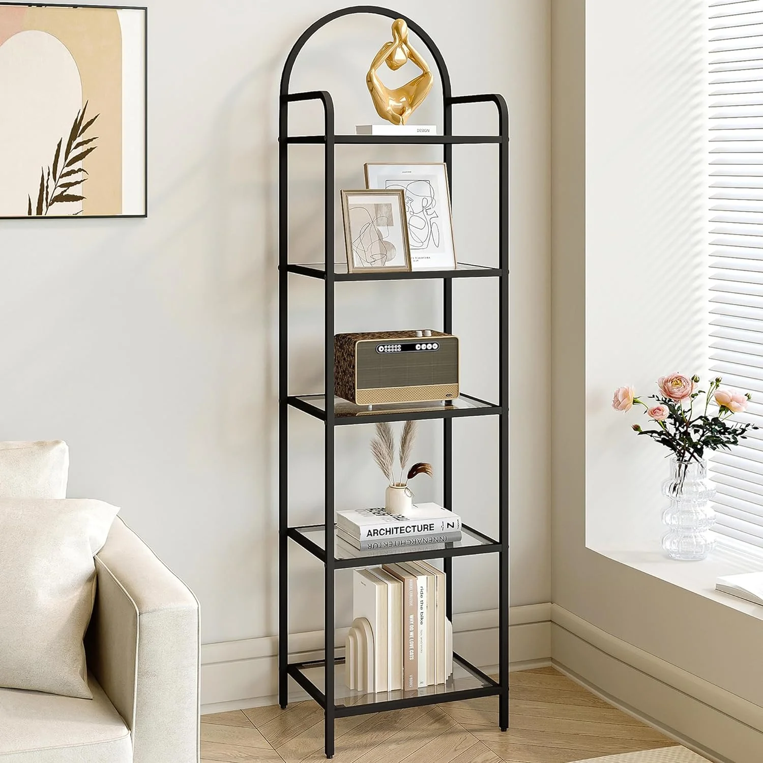 Black Tempered Glass 5-Tier Bookshelf - Slim Shelving Unit for Bedroom, Bathroom, Home Office