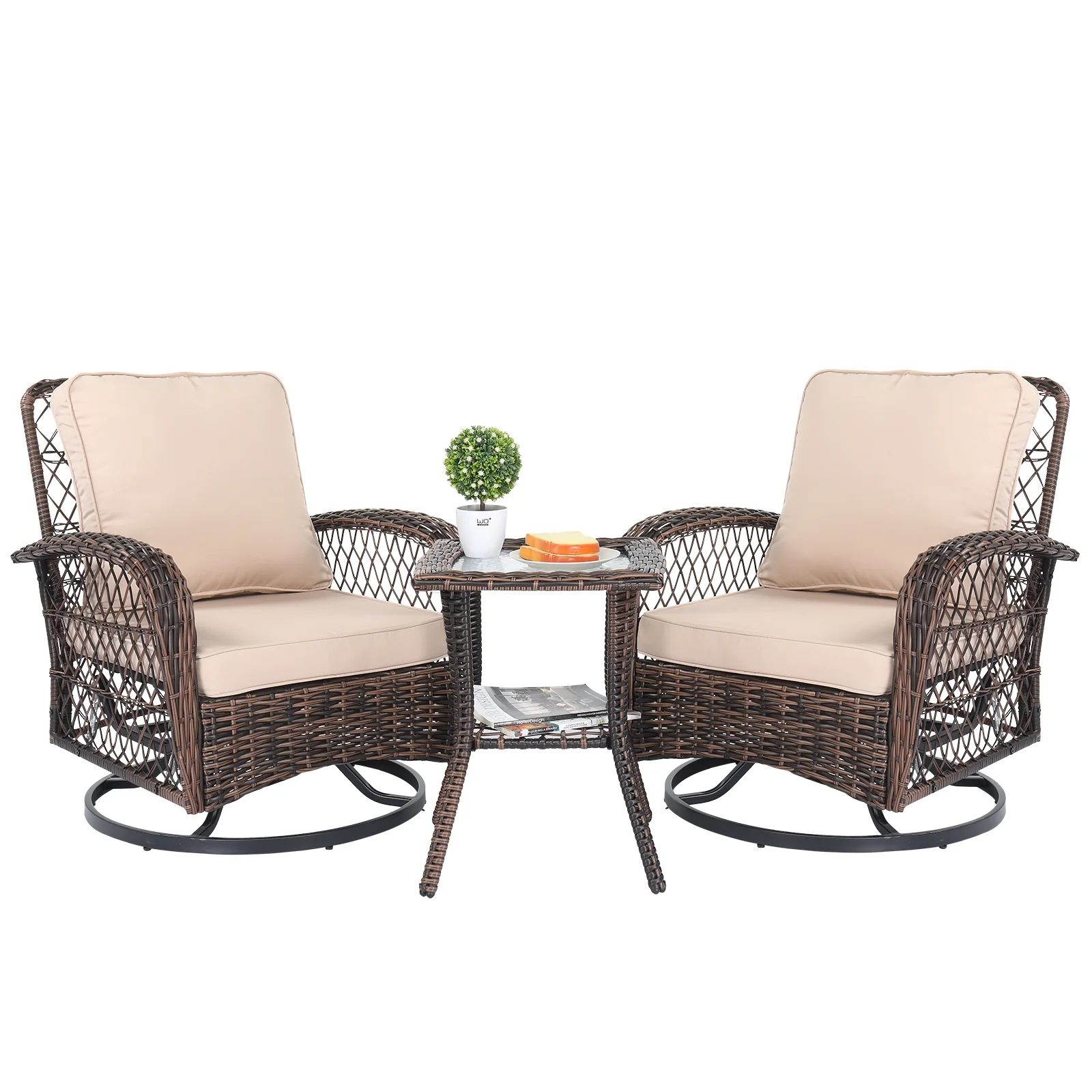 COOKCOK 3 Pieces Outdoor Swivel Rocker Chair Set of 2 with Small Side Table Wicker Rattan Patio Furniture Set Outdoor Rocking Chair Set for Backyard, Balcony, Deck, Beige