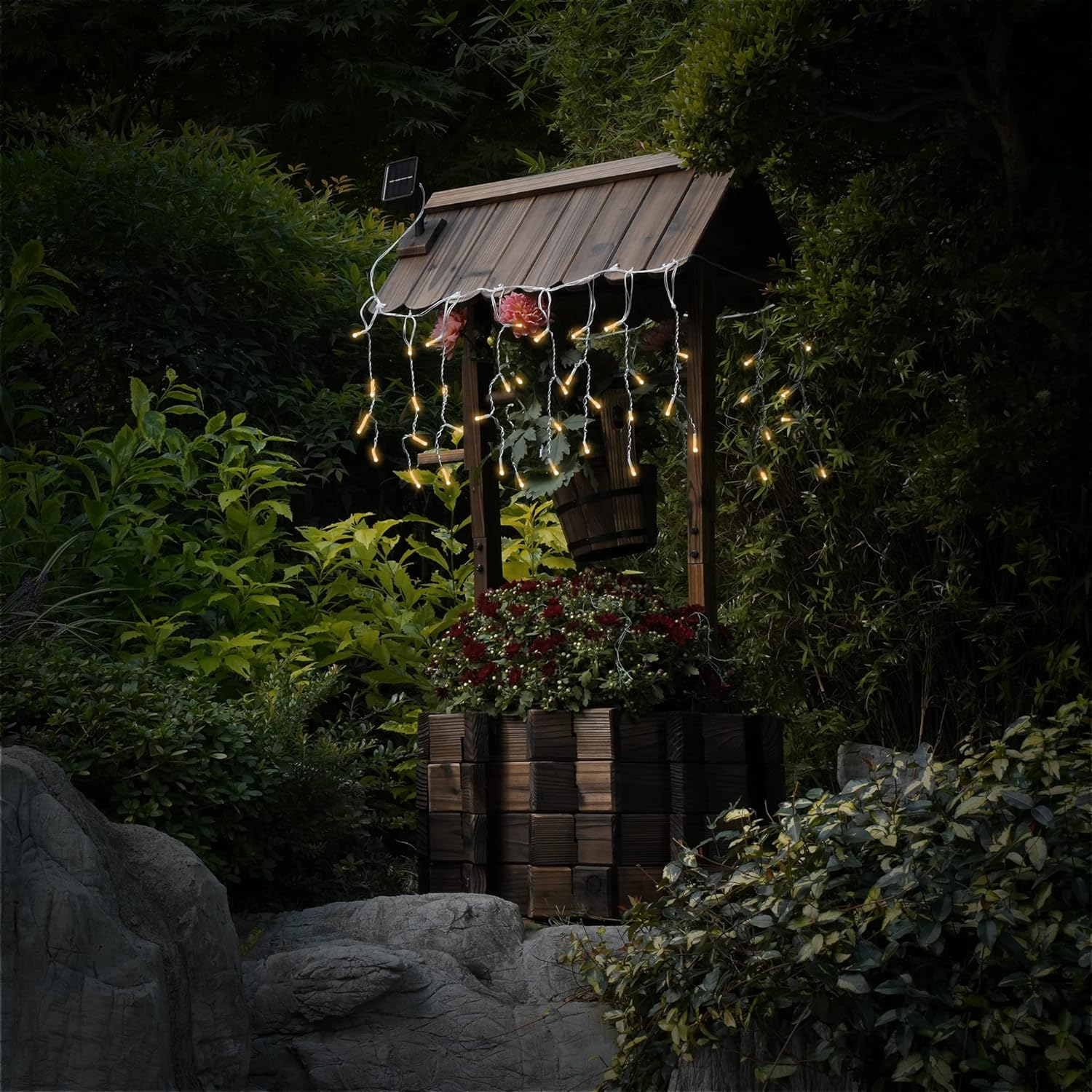 QINBI Wooden Wishing Wells for Outdoors with Solar Light Strip, Wishing Well Planters Also Add Splendor to Your Yard at Nightt, Brown