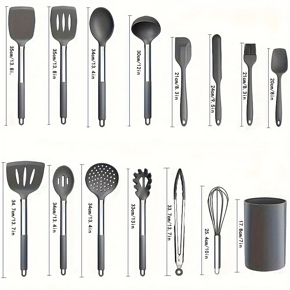 15pcs/set, Non-Stick Silicone Cooking Utensil Set with Metal Handle - Spatula Set - Kitchen and Cookware Essentials for College Dorm and Apartment - Black