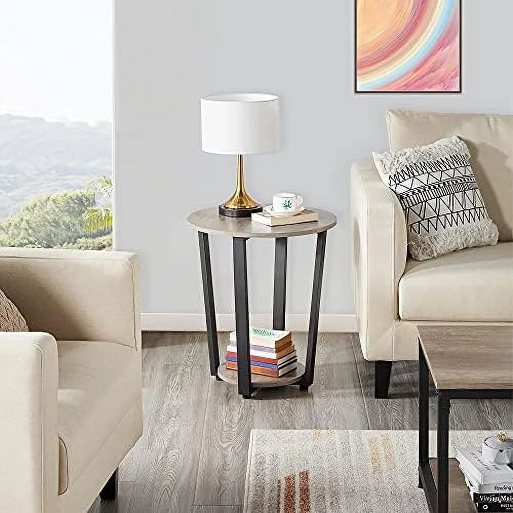 TJCGDTY Industrial Small Round End  for Living Room   2-Tier  Sofa Table with  Rack and Metal Frame for Small Spaces Office  Accent   Rustic Brown