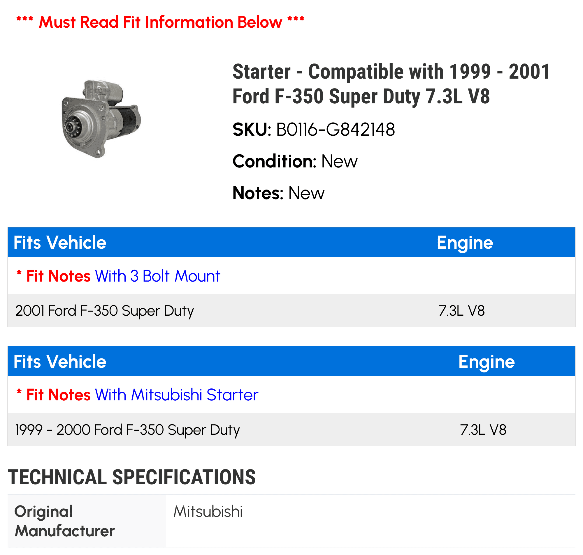 Starter - Compatible with 1999 - 2001 Ford F-350 Super Duty 7.3L V8 2000