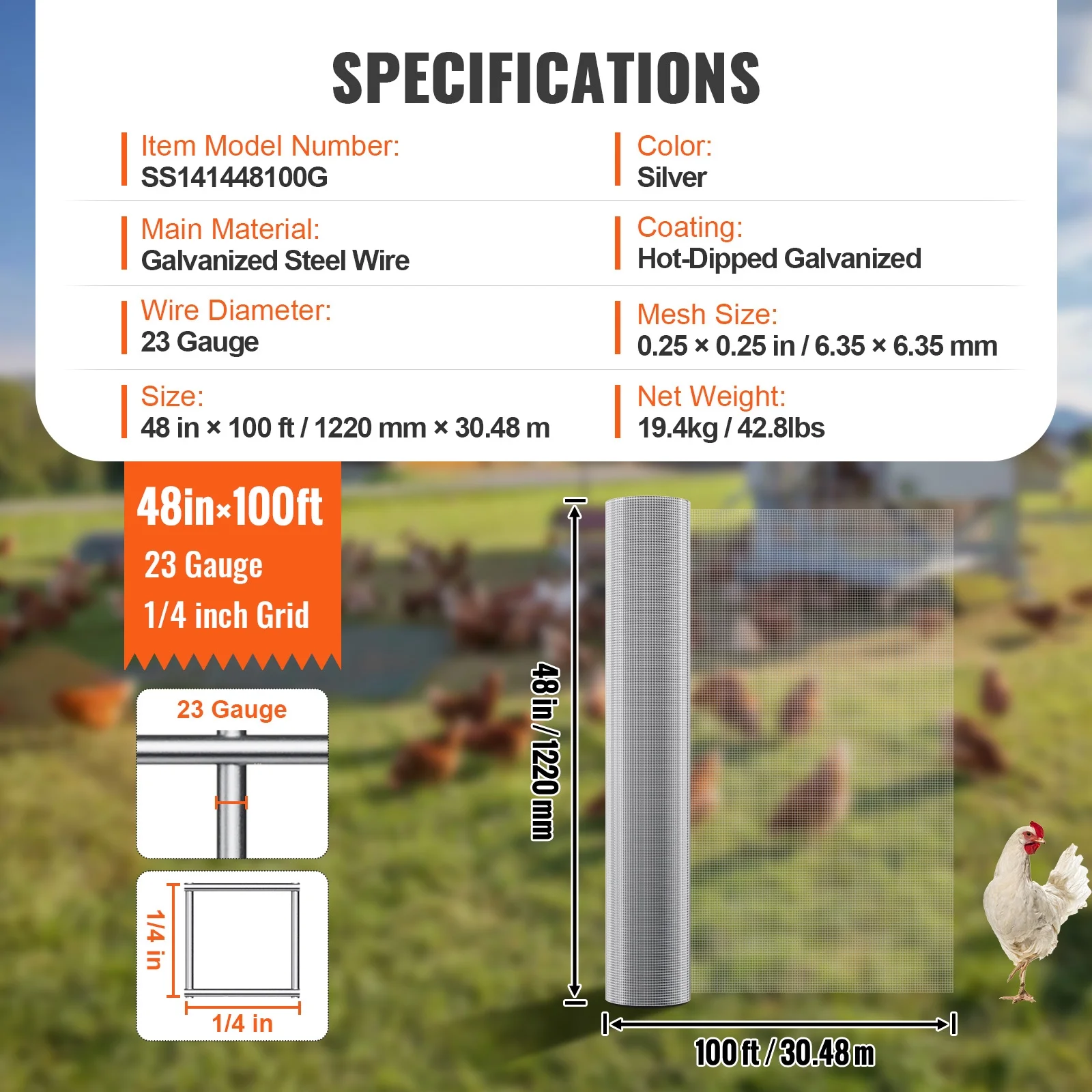 SKYSHALO 23 Ga Hardware Cloth Wire Mesh Roll 1/4